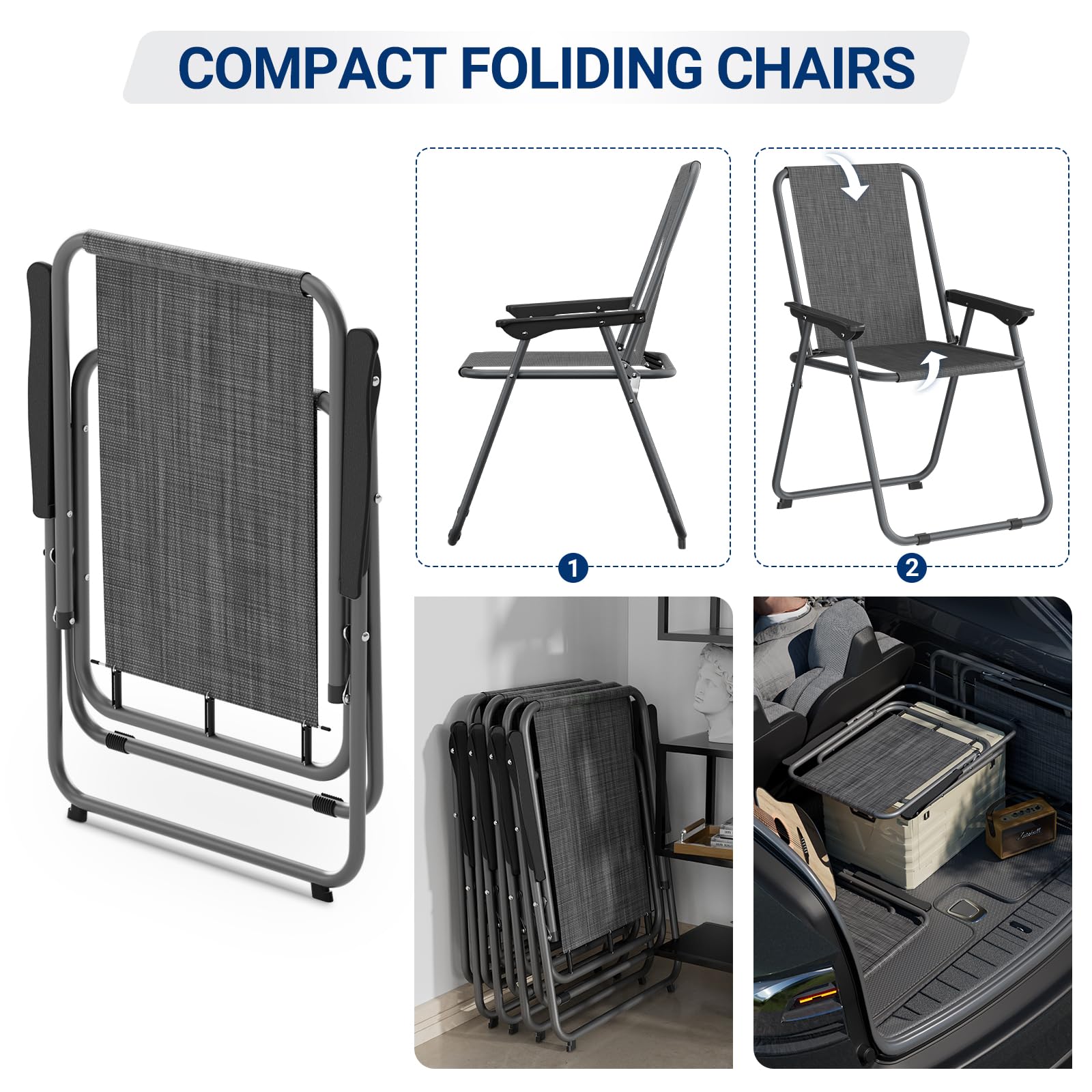 UDPATIO Patio Folding Chairs Set of 6, Lightweight Portable Patio Chair with Sturdy Steel Frame and Weather-Resistant Textilene Fabric, Black