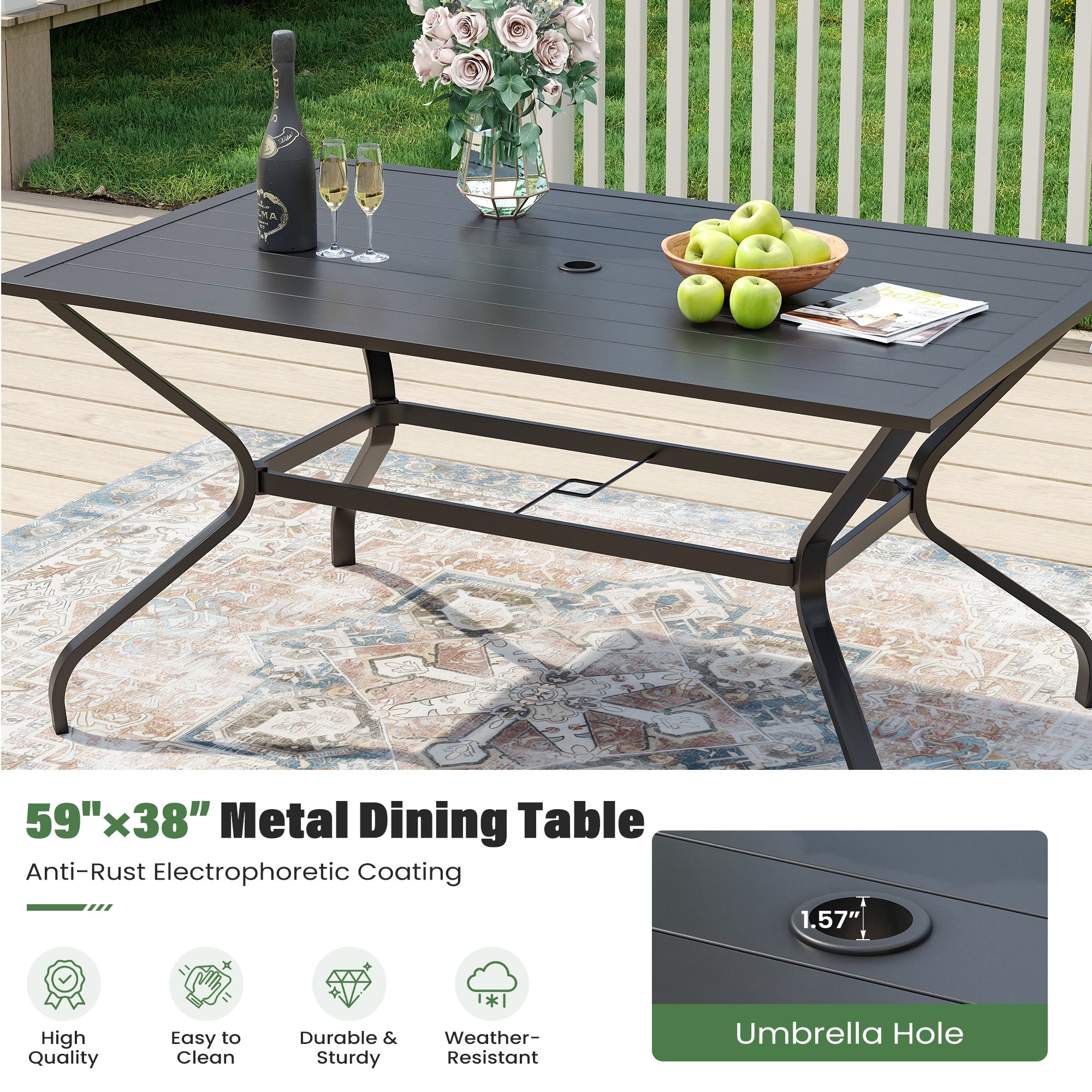 UDPATIO 7 Piece Patio Dining Set for 6, Patio Outdoor Table and Chairs, 59"×38" Black Table with Umbrella Hole, Brown Patio Chairs, Patio Outdoor Dining Set for Lawn, Backyard, Deck