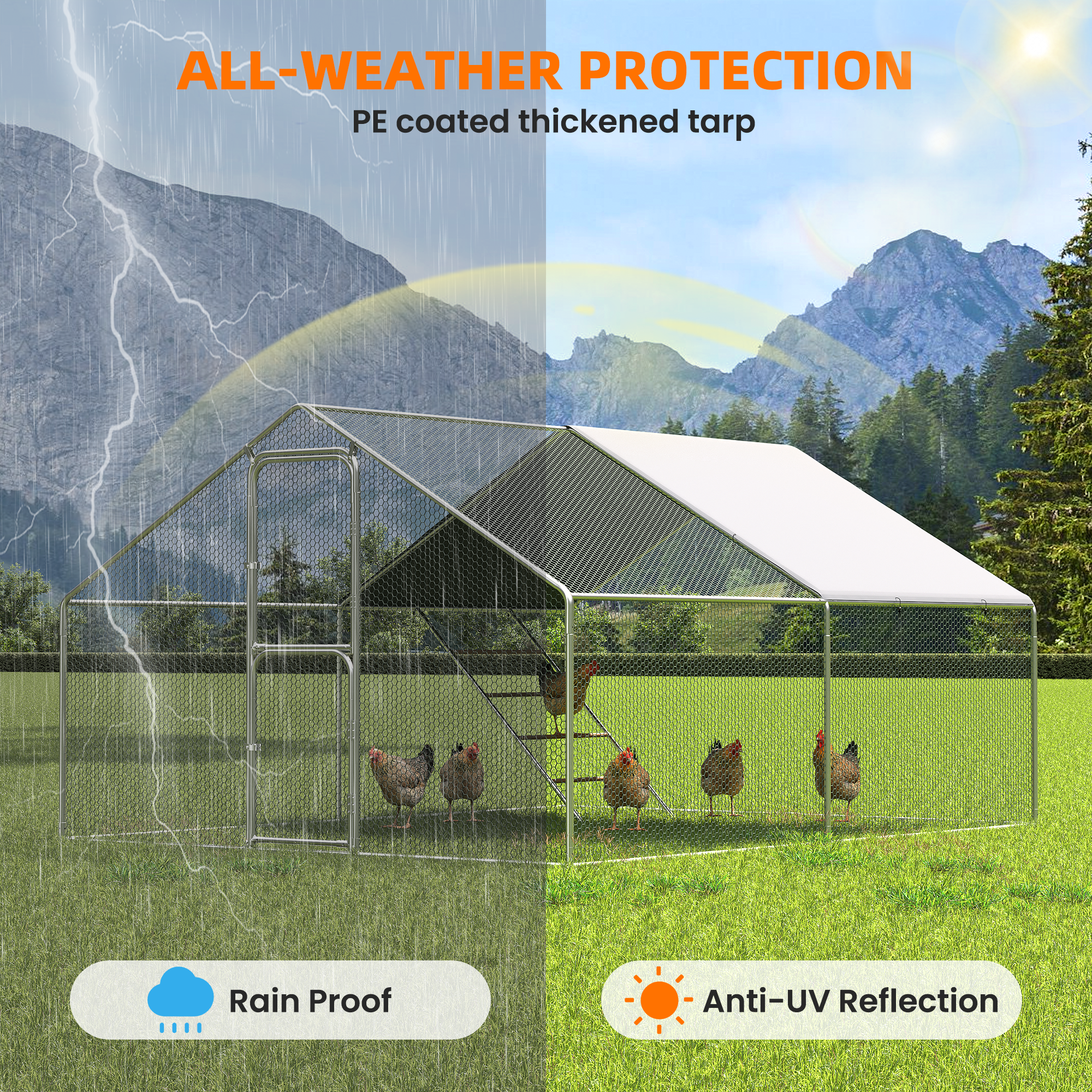 UPDATIO Large Metal Chicken Coop Walk In with Roosting Perch — Heavy-Duty Outdoor Poultry Pen with Protective Cover, Predator-Proof & Weather-Resistant  for 15-25 Chickens,12*10*6 FT