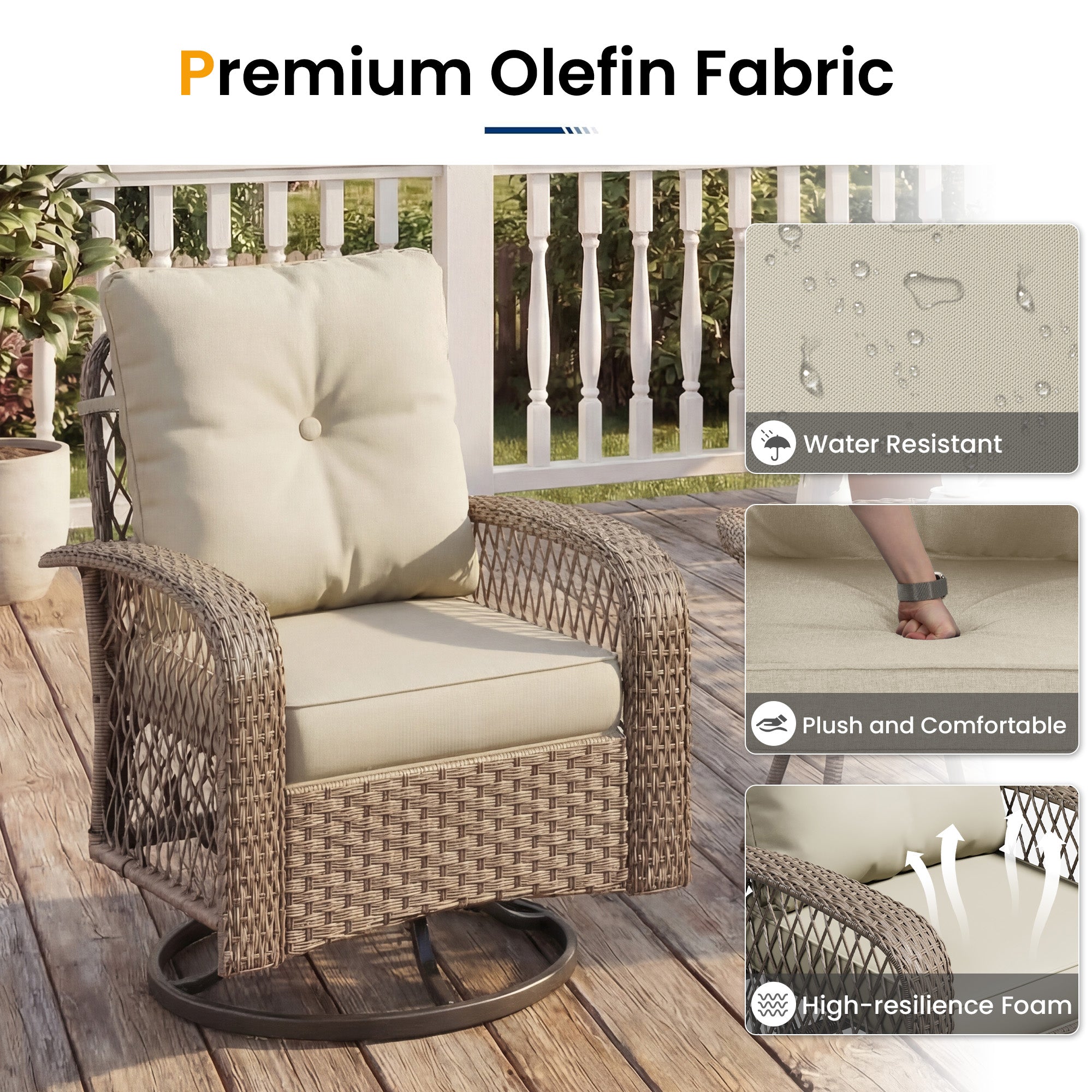UDAPTIO Swivel Rocker Chair Set 2 with Side Table, 3 Piece Wicker Bistro Set with 4" Water-Resistant Cushions, Outdoor Glider for Front Porch, Patio, Balcony, Beige