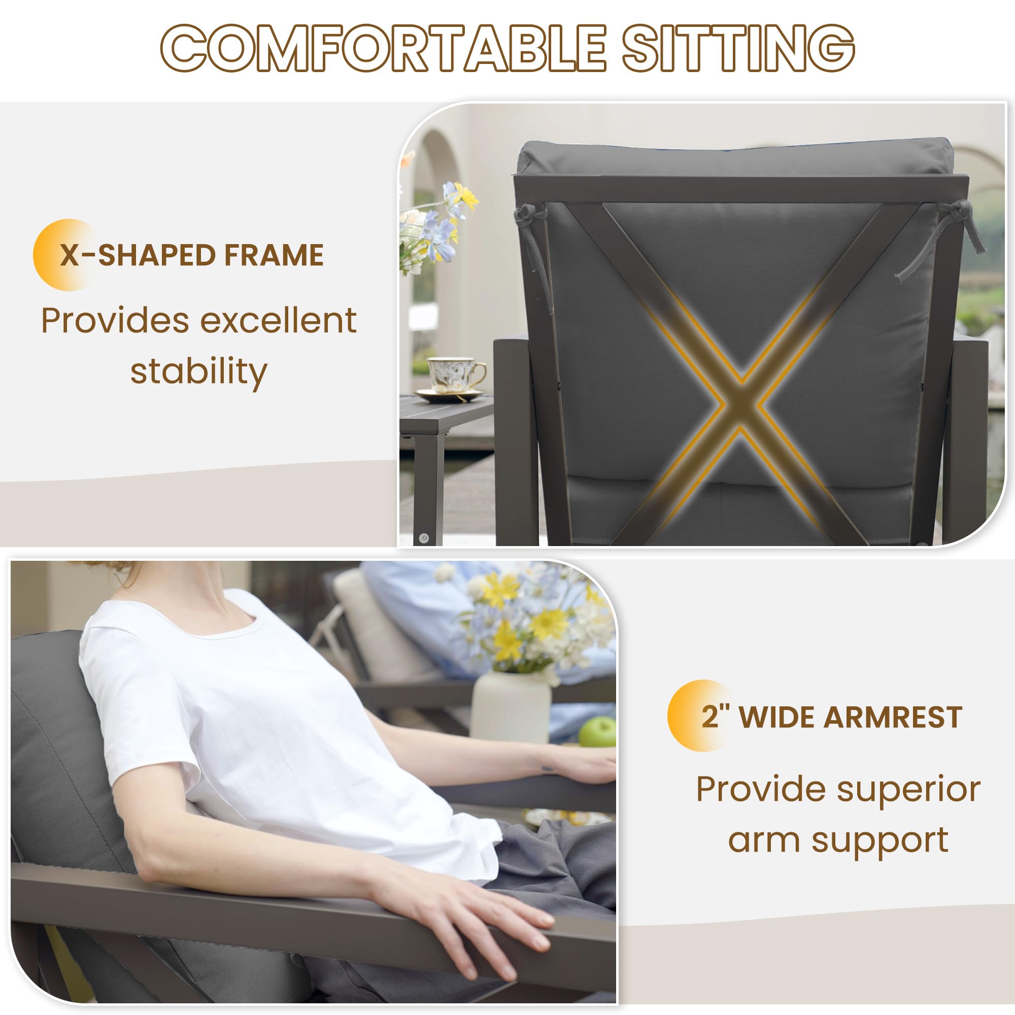 UDPATIO Outdoor Rocking Chair Set 2 with Coffee Table, 3 Piece Metal Patio Furniture Set with 6.5" Water-Resistant Cushions, 350lbs Heavy-Duty, for Porch, Patio, Balcony, Dark Grey