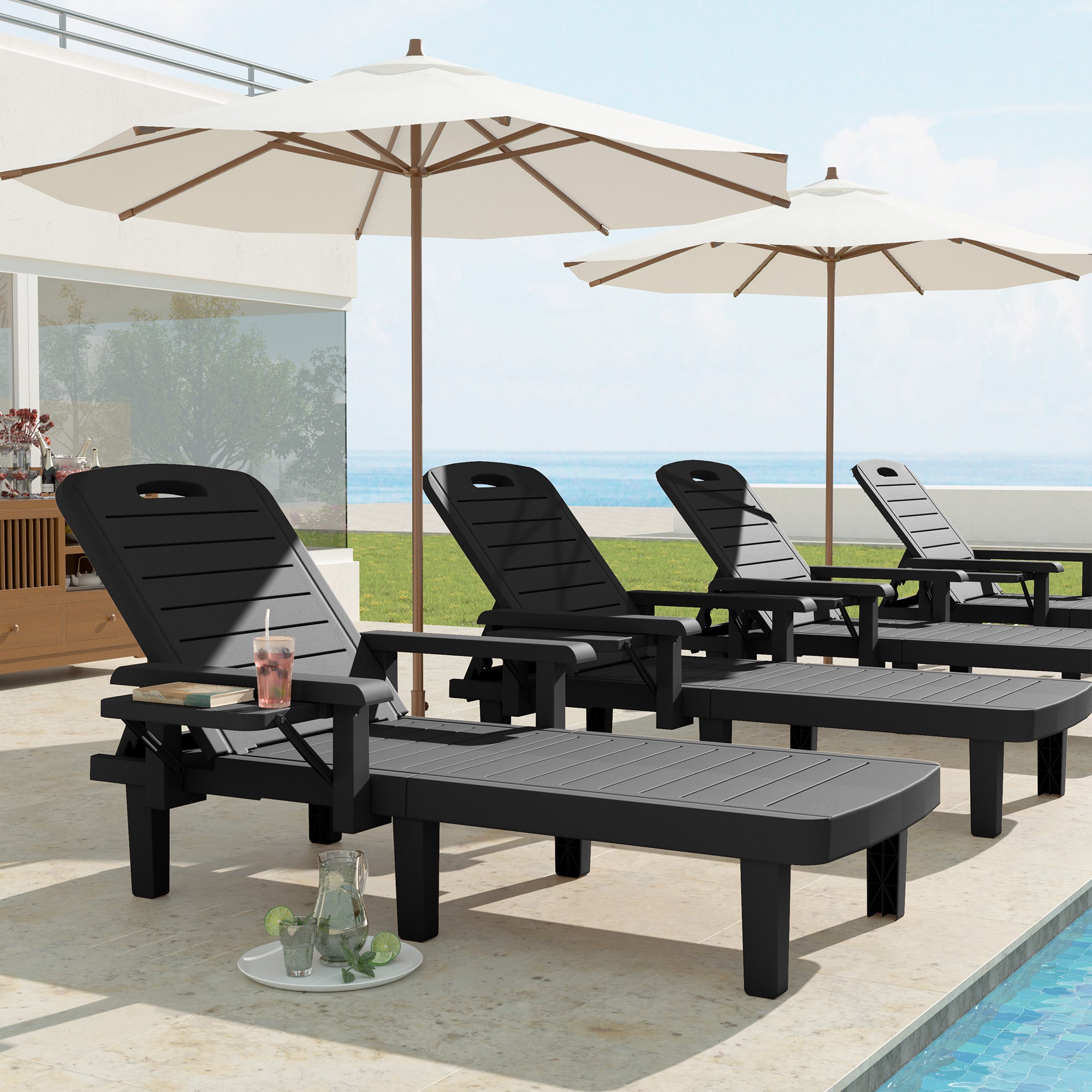 UDPATIO Oversized Pool Lounge Chairs Set of 2, Waterproof Resin Pool Chaise Lounges with Armrests and Cup Holder Tray, 5 Level Adjustable Backrest, for Poolsode, Lawn, Beach, Backyard