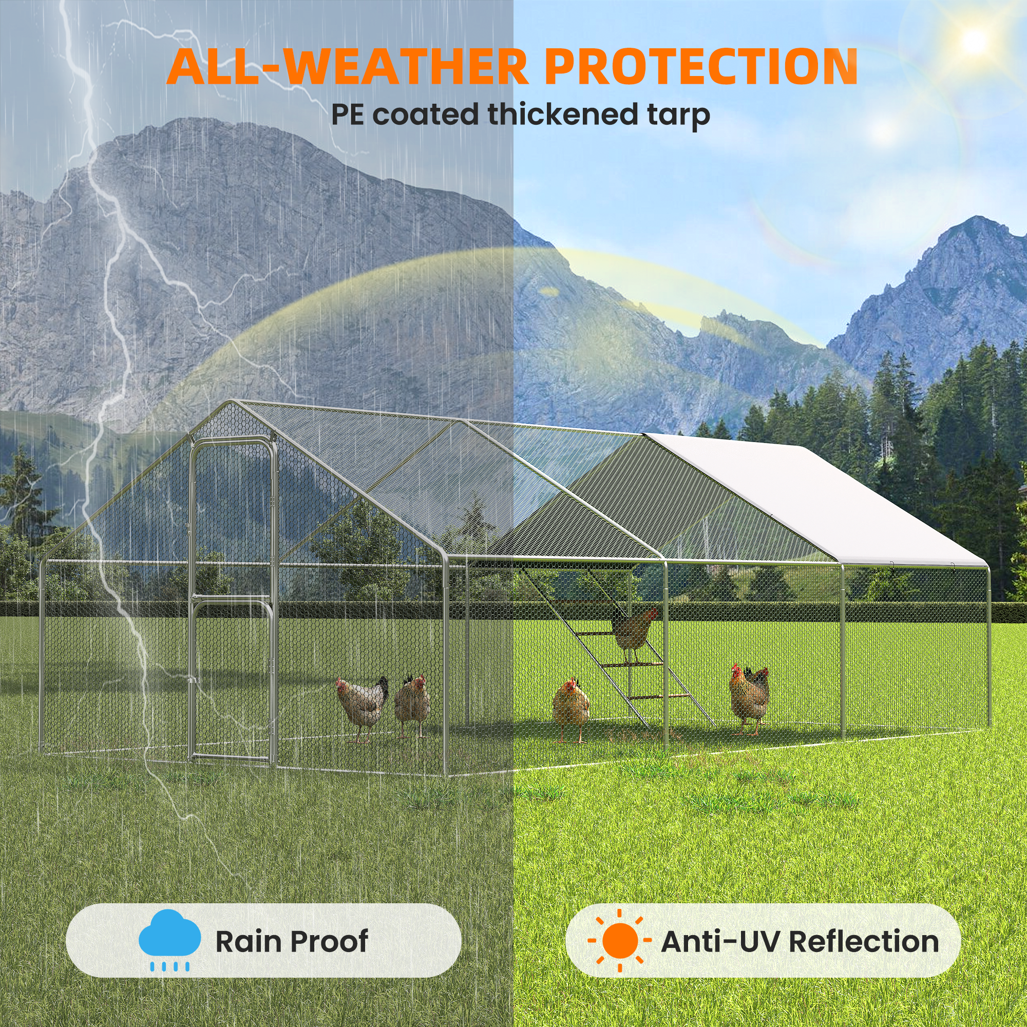 UPDATIO Large Metal Chicken Coop Walk In with Roosting Perch — Heavy-Duty Outdoor Poultry Pen with Protective Cover, Predator-Proof & Weather-Resistant  for 25-35 Chickens,18*10*6 FT