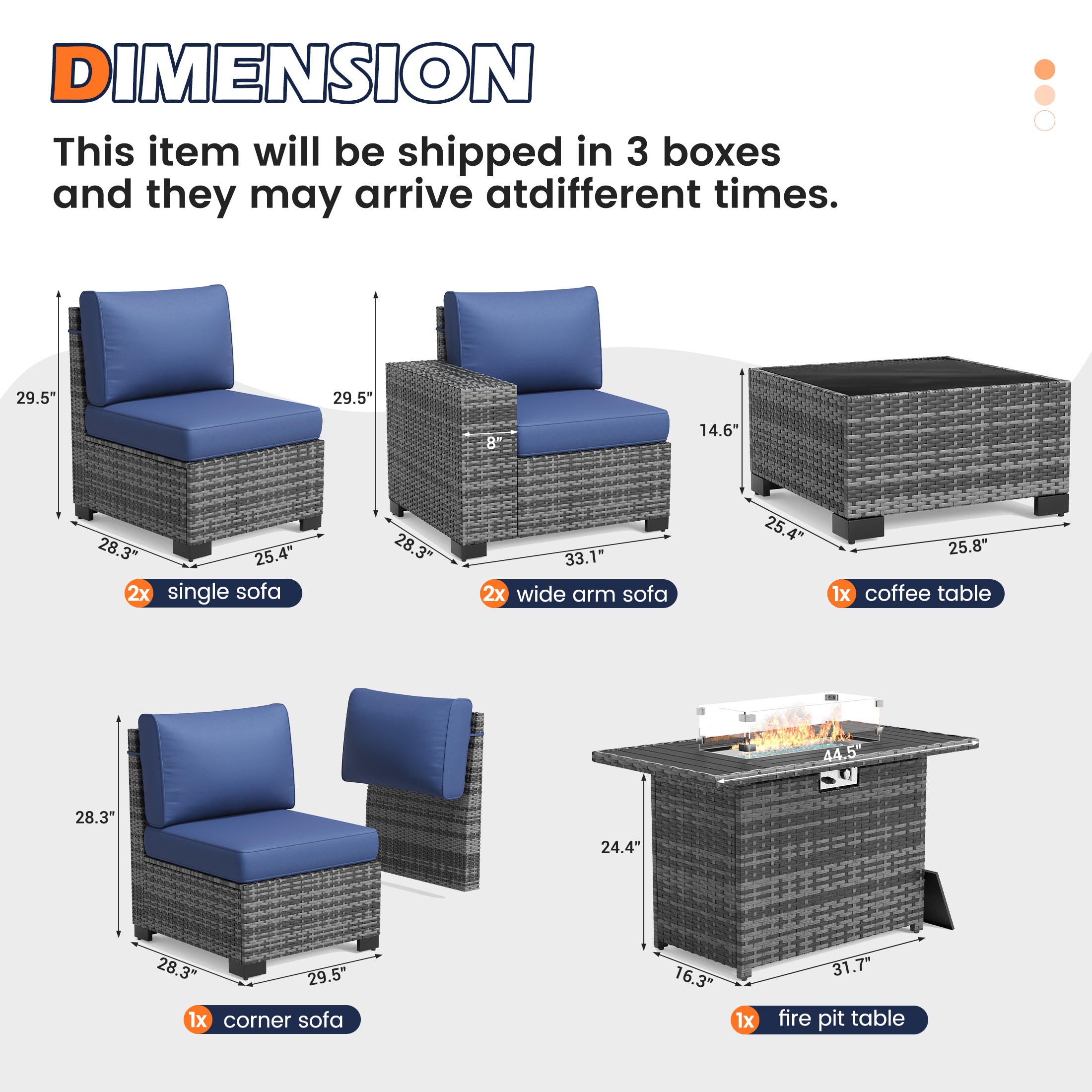 UDPATIO Patio Furniture Set with Fire Pit Table, Outdoor Patio Sofa Set With Wide Armrest, All-Weather Wicker Rattan Guest Set With Cushion And Glass Table And Waterproof Cover, Grey&Navy Blue