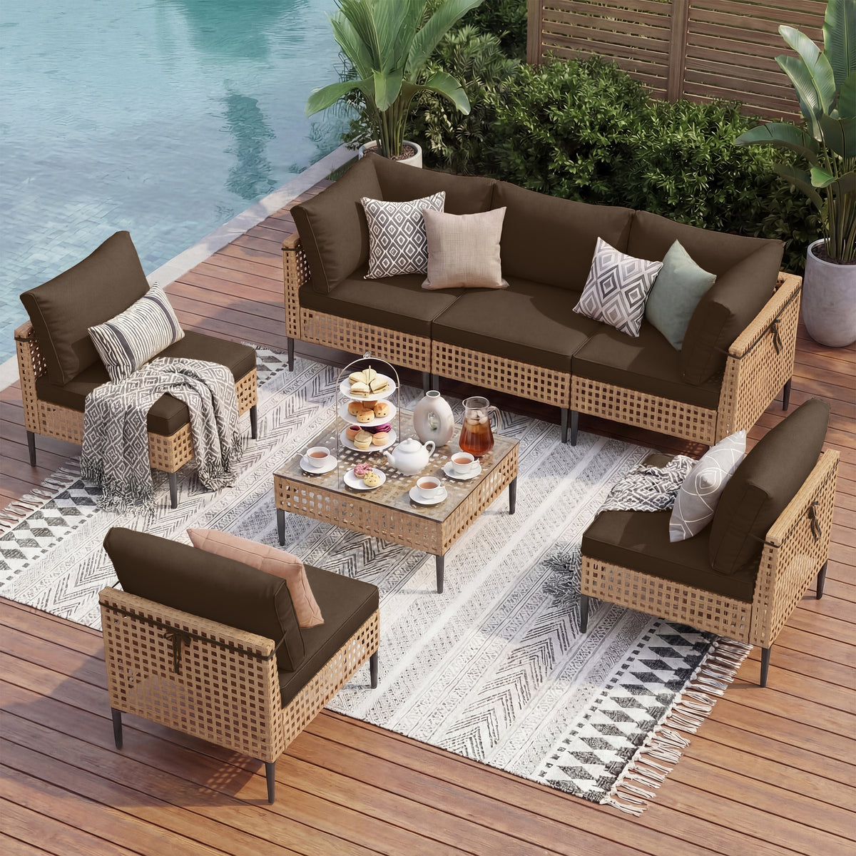 UDPATIO 7 Piece Wicker Patio Furniture Set, Outdoor Conversation Set， Sectional Sofa with Glass Coffee Table， Outdoor Sofa for Porch, Backyard, Yellow&Brown