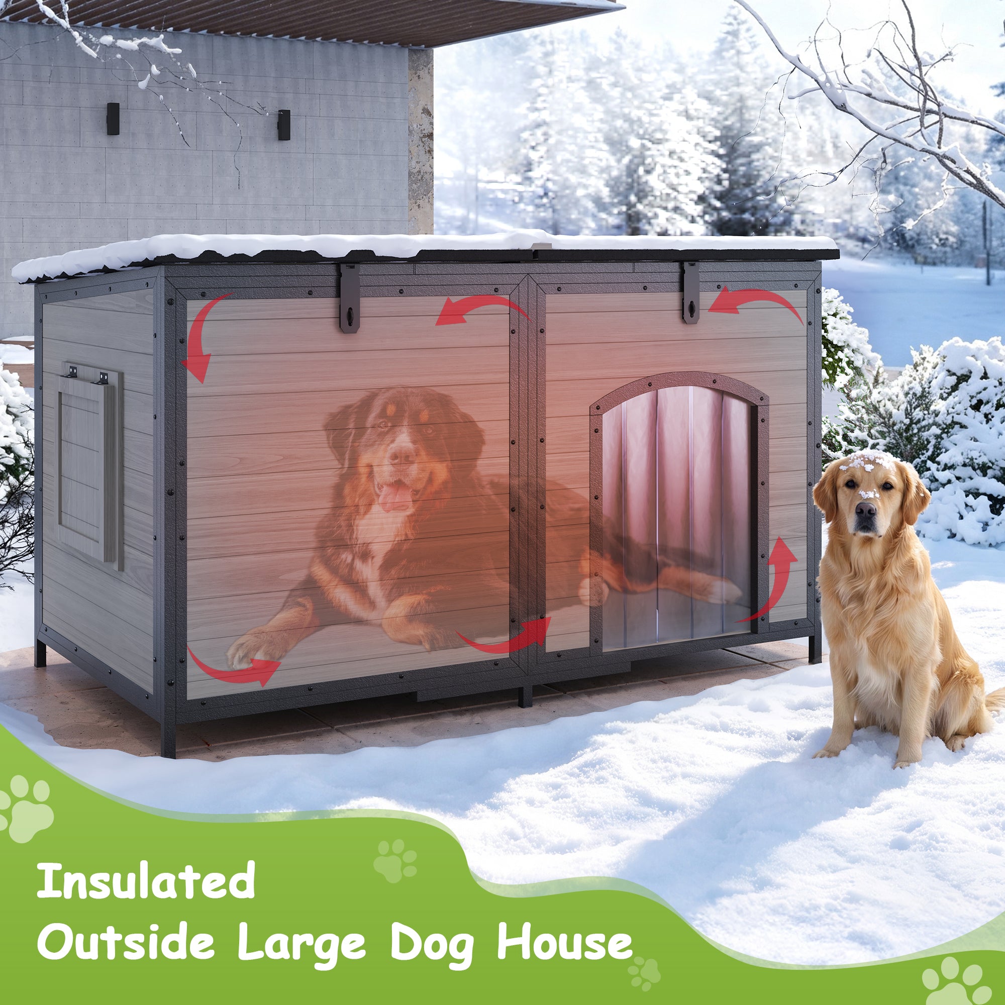 Outdoor Insulated Dog House Weatherproof Dog Kennel Dog Shelter Anti-Chewing Full Iron Frame, Openable Roof for Small to Large Dog Breeds