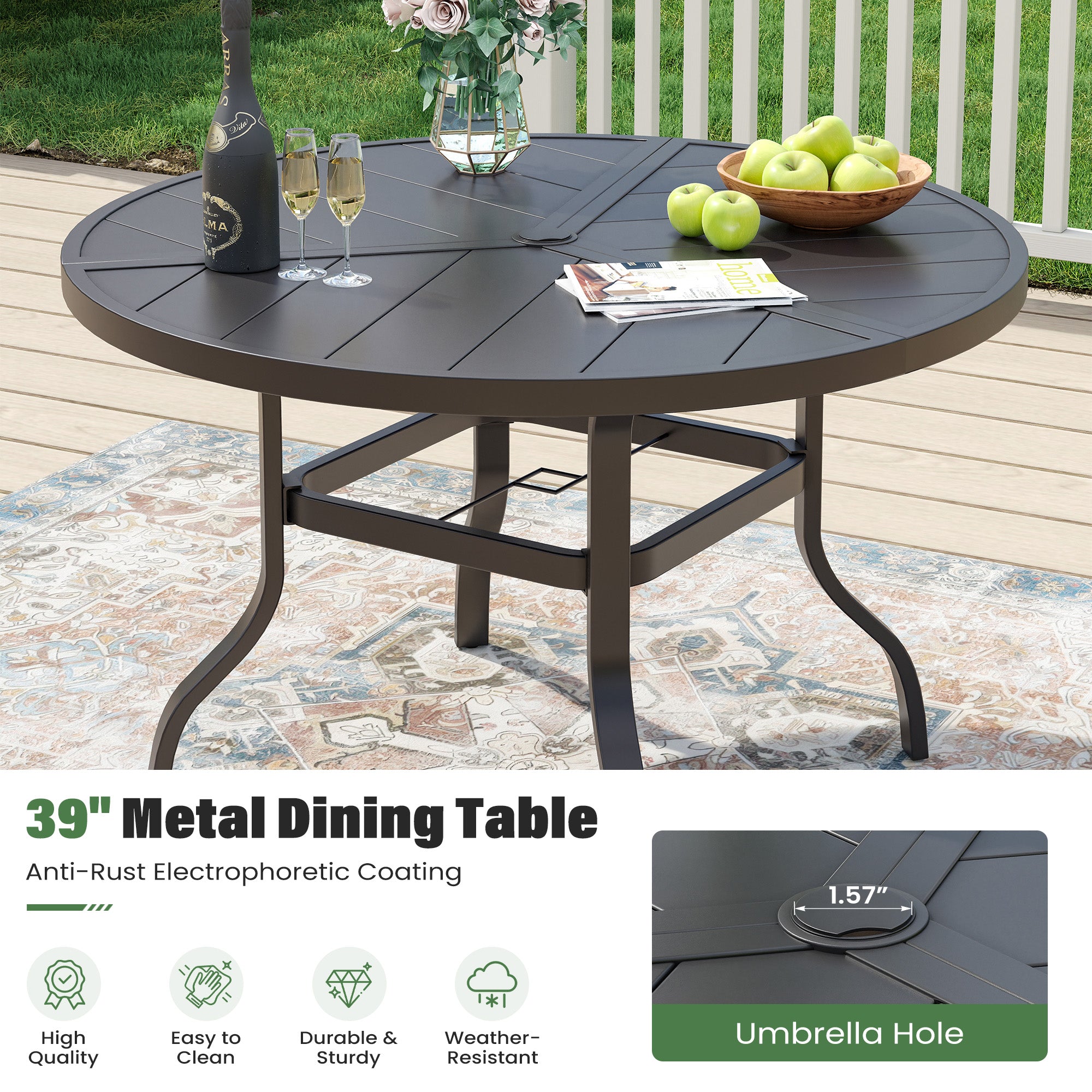 UDPATIO 5 Piece Patio Dining Set for 4, Patio Outdoor Table and Chairs, 39" Black Round Table with Umbrella Hole, Brown Patio Chairs, Patio Dining Set Outdoor Dining Set for Lawn, Backyard, Deck