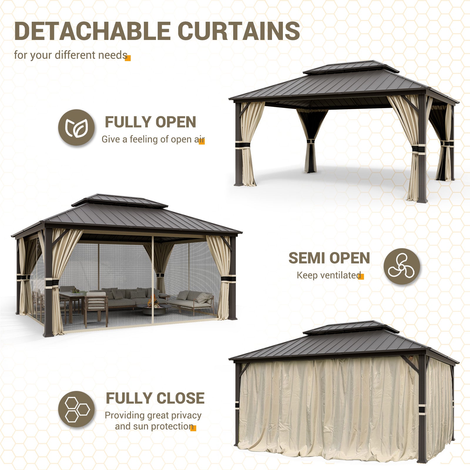 UDPATIO 12' x 16' Hardtop Gazebo,Aluminum Frame Galvanized Steel Double Roof Permanent Gazebo, Outdoor Metal Gazebos with Mosquito Netting and Curtains for Garden, Parties, Patio, Deck, Lawns, Beige
