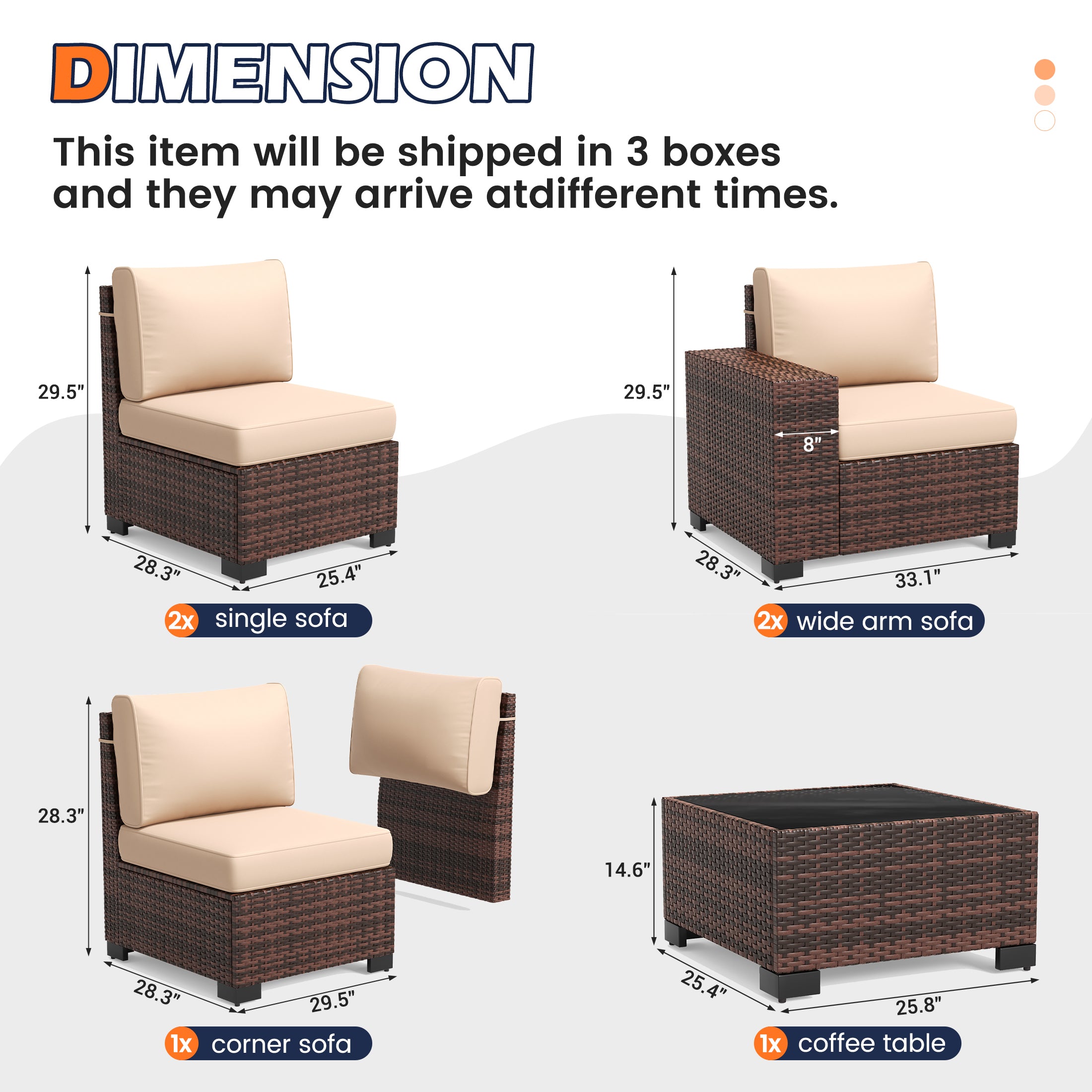 UDPATIO 6-Piece Patio Furniture Set, Outdoor Patio Sofa Set With Wide Armrest, All-Weather Wicker Rattan Guest Set With Cushion And Glass Table And Waterproof Cover, Brown & Khaki