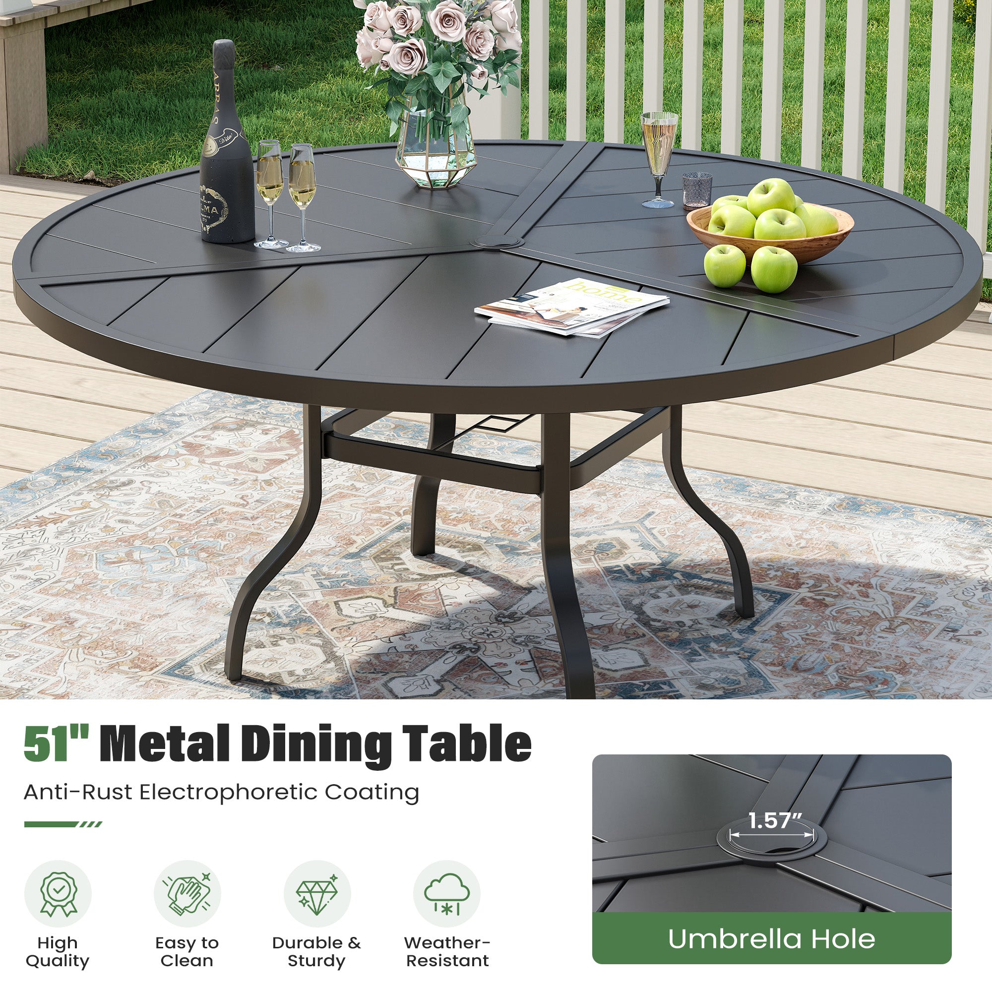 UDPATIO 7 Piece Patio Dining Set for 6, Patio Outdoor Table and Chairs, 51" Black Round Table with Umbrella Hole, Brown Patio Chairs, Patio Dining Set Outdoor Dining Set for Lawn, Backyard, Deck