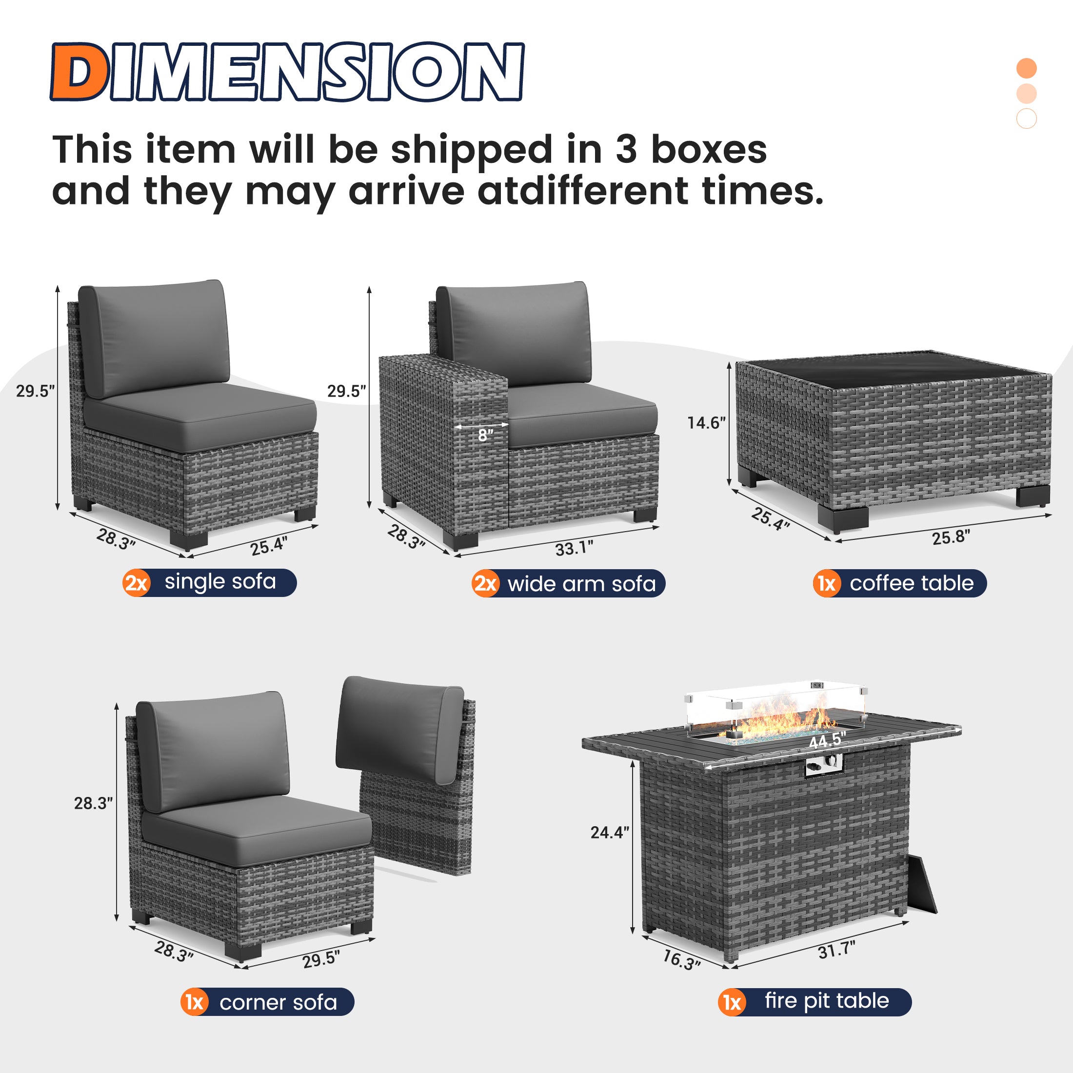 UDPATIO Patio Furniture Set with Fire Pit Table, Outdoor Patio Sofa Set With Wide Armrest, All-Weather Wicker Rattan Guest Set With Cushion And Glass Table And Waterproof Cover, Gray&Gray