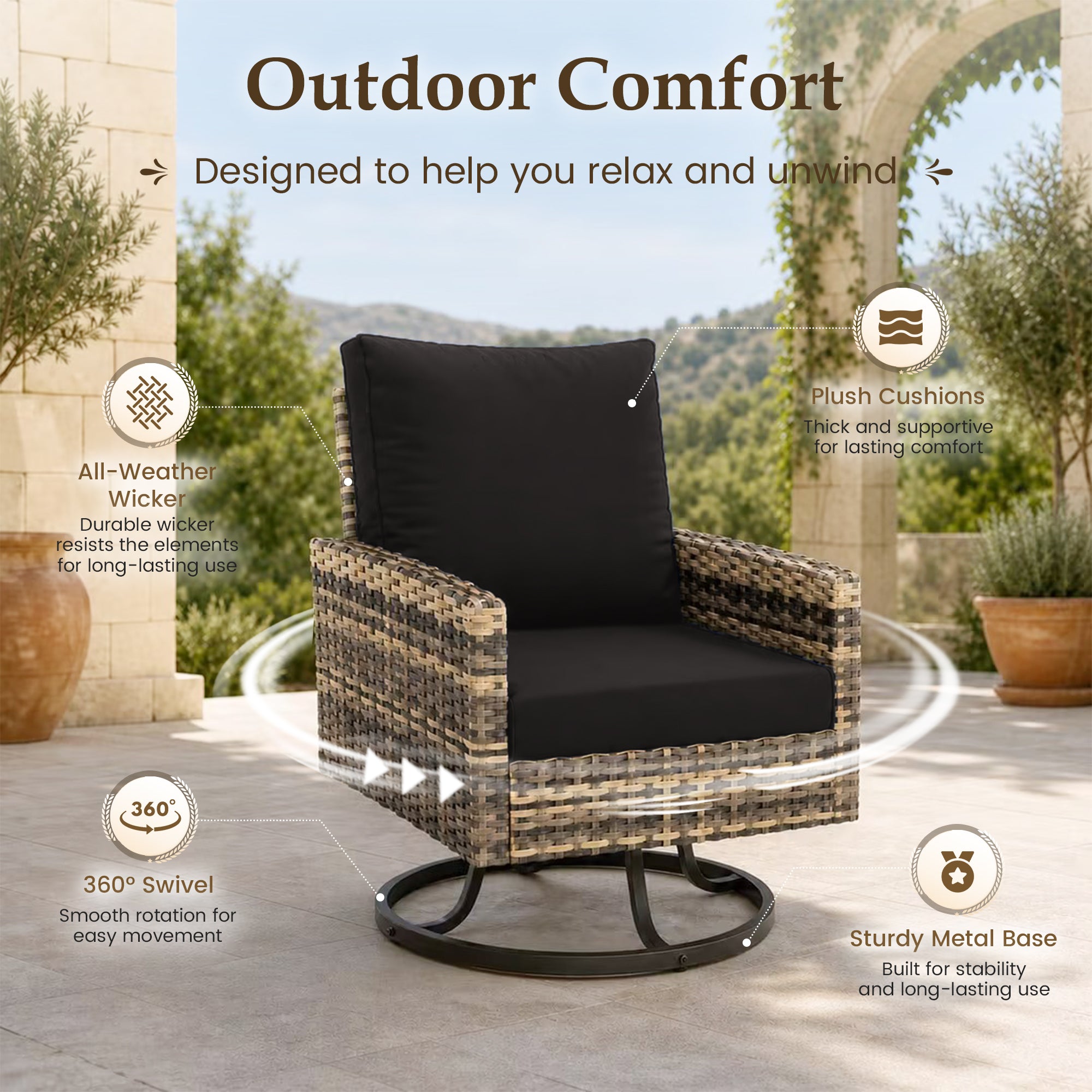 UDPATIO Patio Furniture Set, 6 Pieces Outdoor Conversation Sets with Swivel Chairs, All-Weather Wicker Rattan Patio Sofa with Ottomans and Glass Side Table for Backyard, Deck, Porch, Black/Yellow