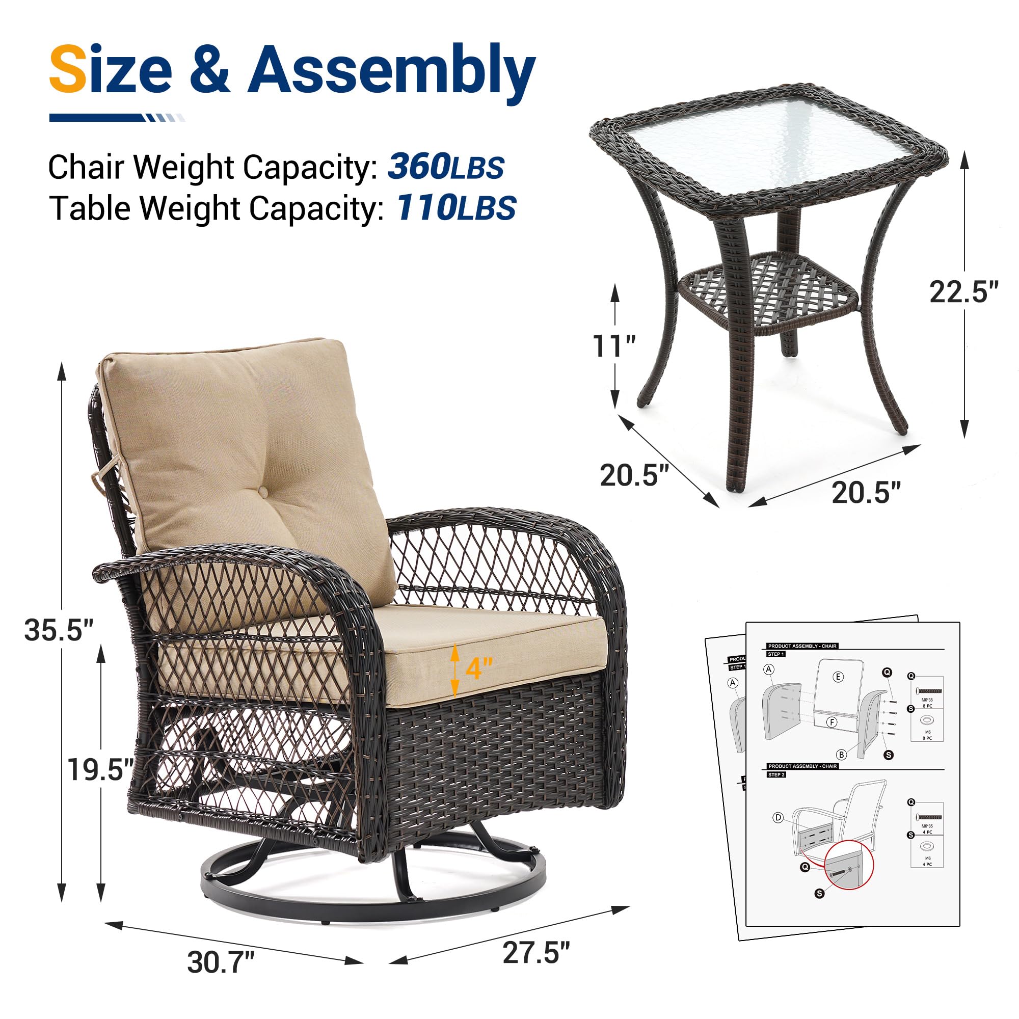 UDPATIO 3 Pieces Patio Furniture Set, Outdoor Swivel Rocker Patio Chairs Set of 2, All-Weather PE Wicker Glider Chairs with Thick Cushions and Glass Coffee Table，for Porch Deck Backyard