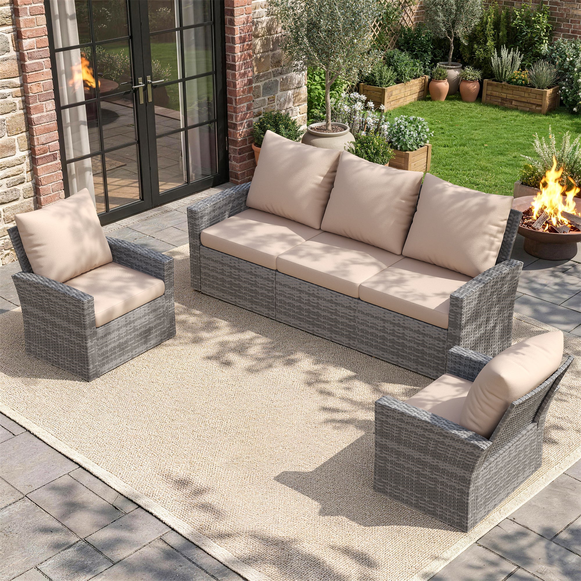 UDPATIO Outdoor Sectional Conversation Sets，Gray Wicker Patio Furniture Set，3-piece outdoor sofa set for Balcony, Porch, Backyard, Beige