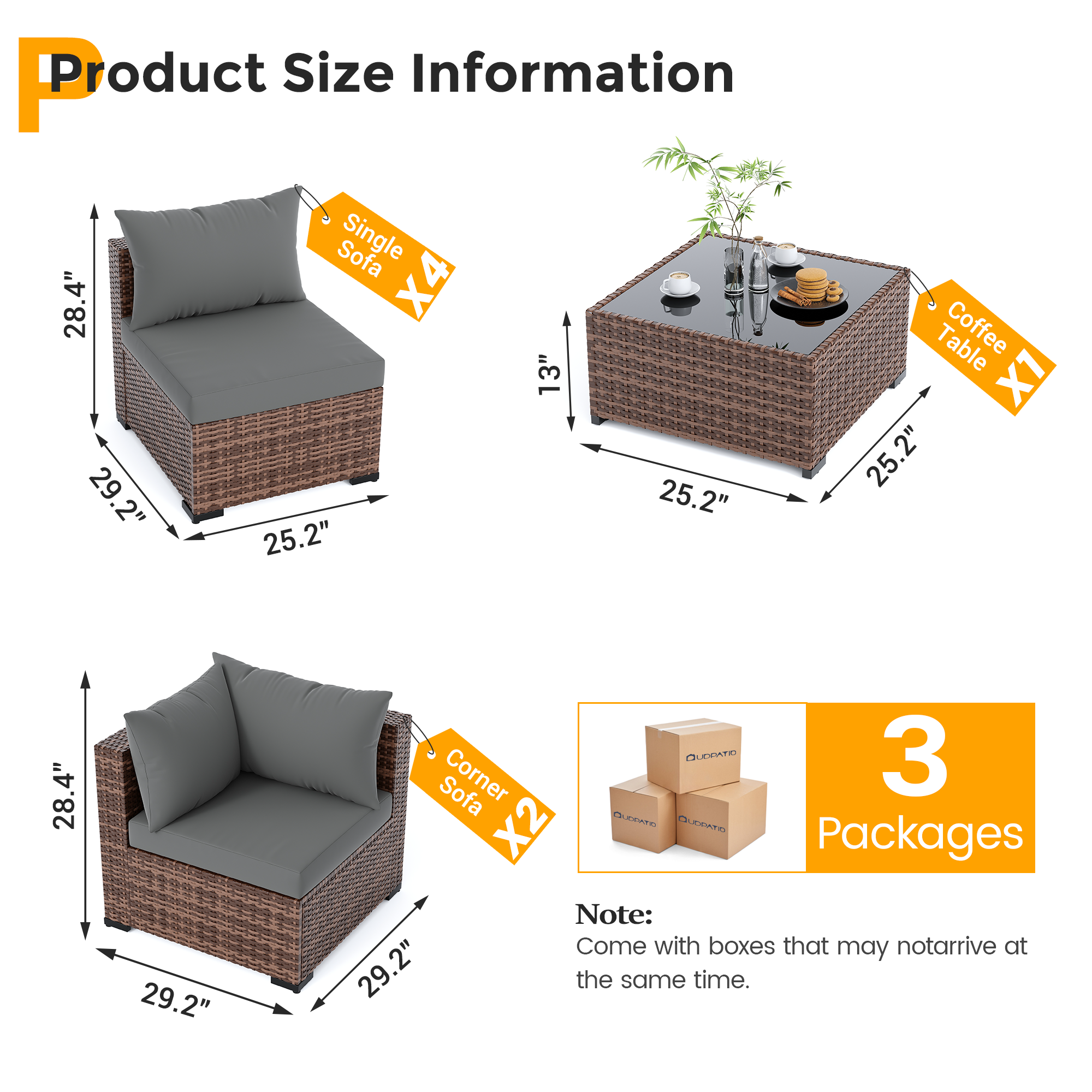 UDPATIO Patio Furniture Set, Outdoor Sectional Sofas with Wicker Coffee Table, Outdoor Patio Conversation Set for Garden, Backyard Dark Grey