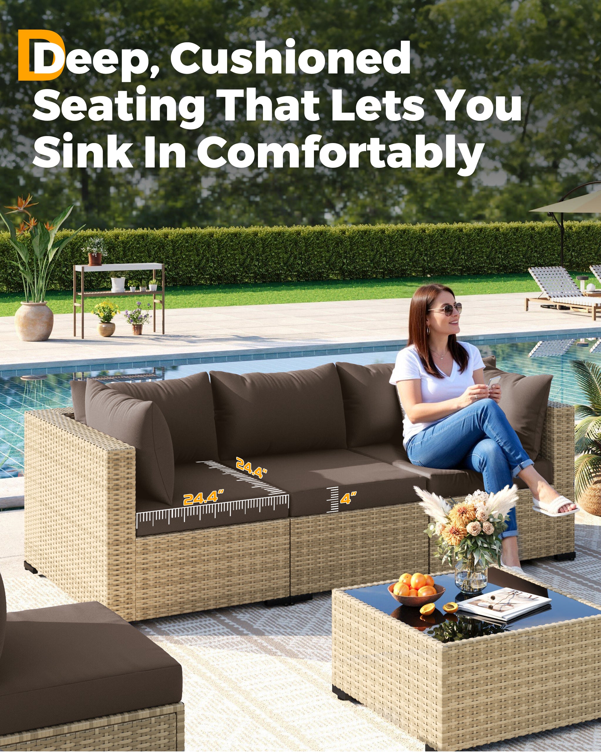 UDPATIO Furniture Set with Fire Pit Table, 8 Piece Sectional Sofas, All-Weather Wicker Conversation for Garden, Backyard, Brown