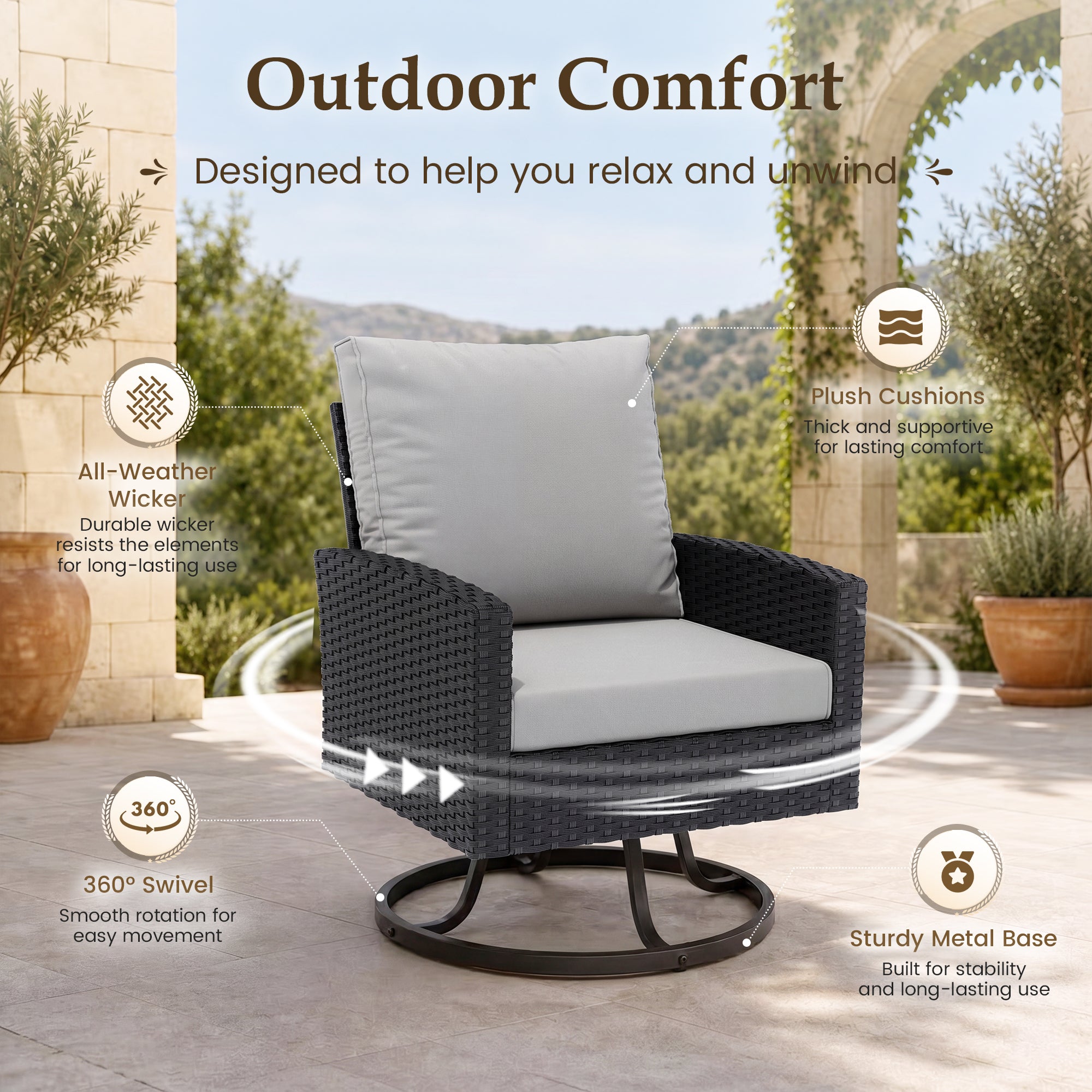 UDPATIO Patio Furniture Set, 6 Pieces Outdoor Conversation Sets with Swivel Chairs, All-Weather Wicker Rattan Patio Sofa with Ottomans and Glass Side Table for Backyard, Deck, Porch, Grey/Black