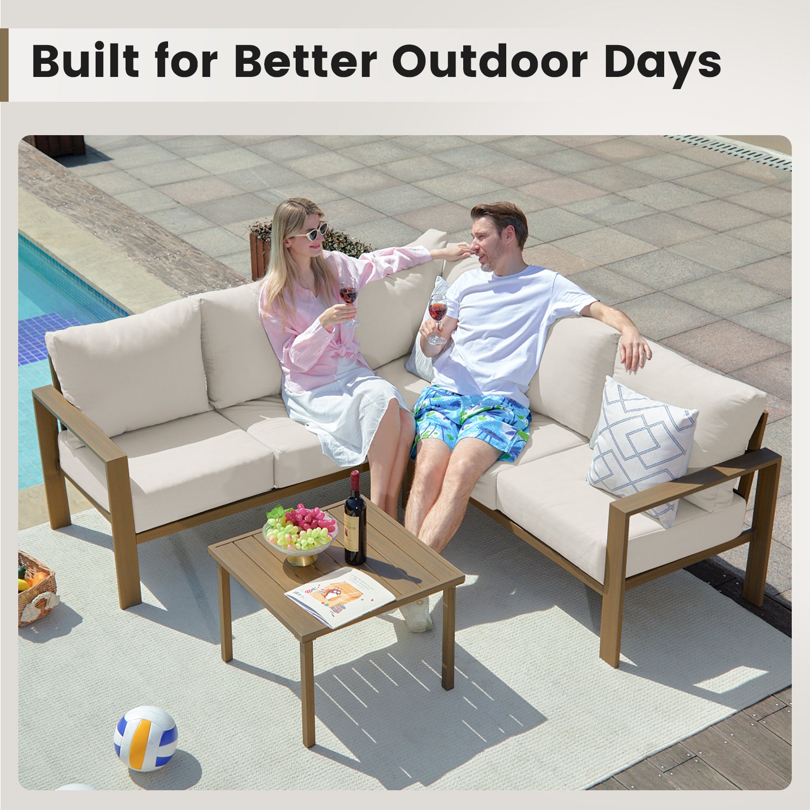 UDPATIO 6 Piece Patio Furniture Set, Faux Wood Metal Outdoor Sectional Sofa with 6" Thick Olefin Cushions, Wide Armrest & Coffee Table, L Shaped Outdoor Furniture for Garden, Backyard