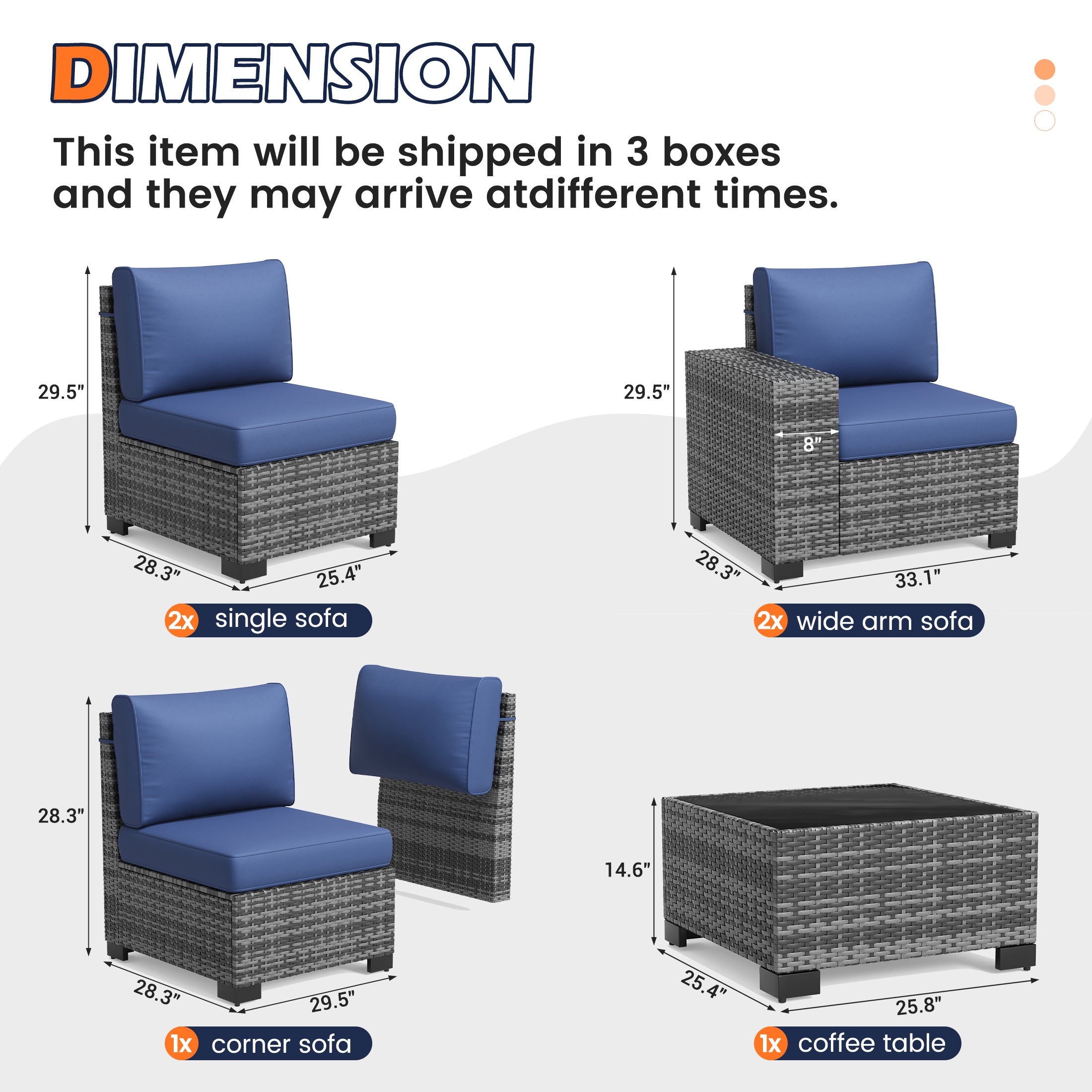 UDPATIO 6-Piece Patio Furniture Set, Outdoor Patio Sofa Set With Wide Armrest, All-Weather Wicker Rattan Guest Set With Cushion And Glass Table And Waterproof Cover, Grey & Navy Blue