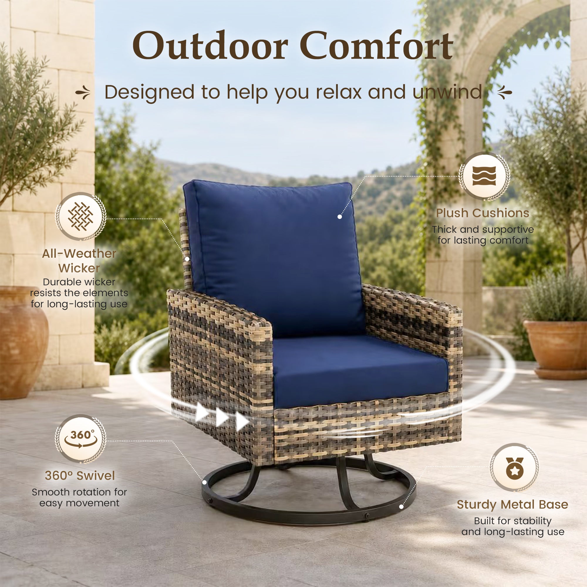 UDPATIO Patio Furniture Set, 6 Pieces Outdoor Conversation Sets with Swivel Chairs, All-Weather Wicker Rattan Patio Sofa with Ottomans and Glass Side Table for Backyard, Deck, Porch, Navy/Yellow