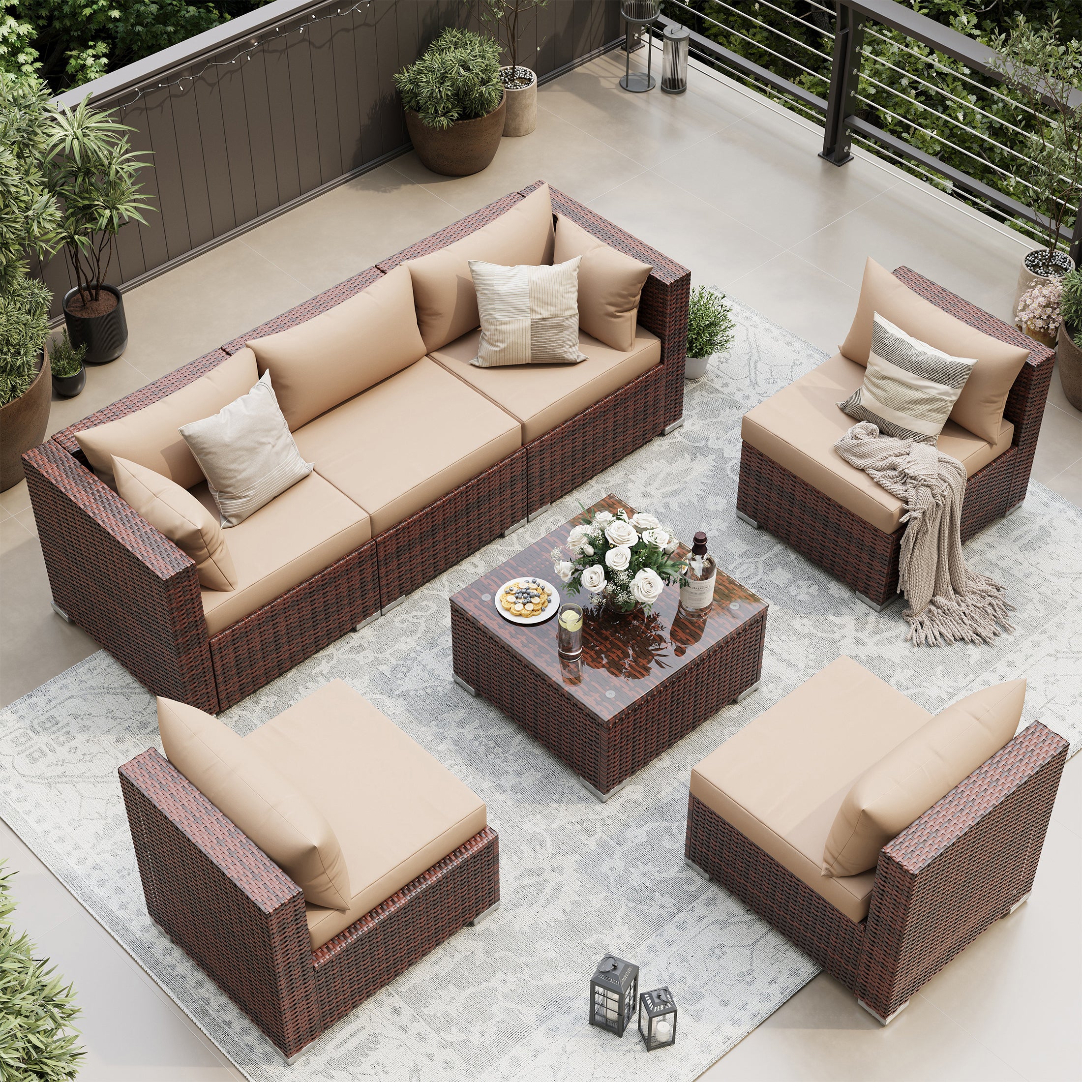 UDPATIO 7-Piece Rattan Outdoor Conversation Sets with Coffee Table and Sofa, Khaki