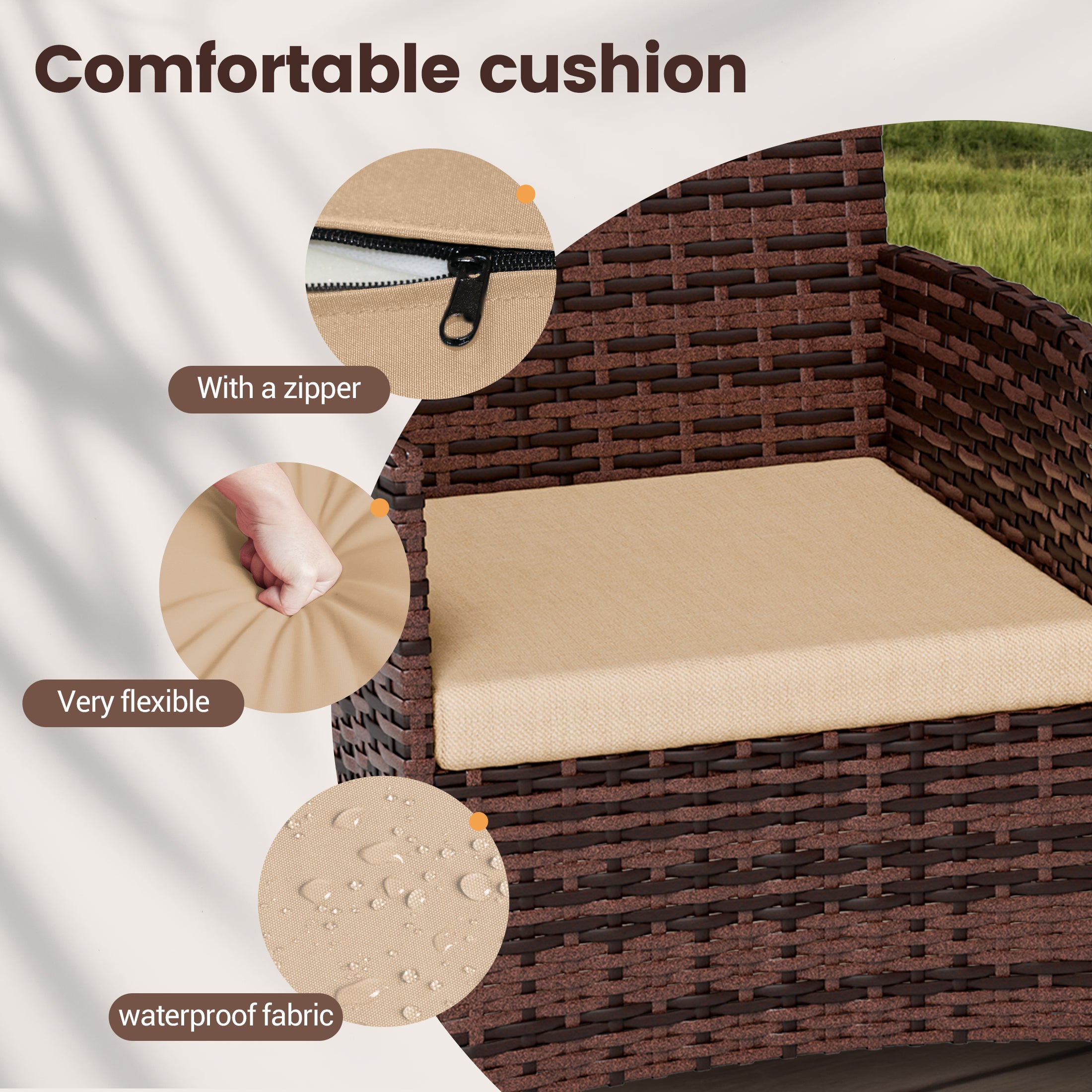 UDPATIO 4 Pieces Outdoor Patio Furniture,Sectional Conversation Sets,Brown PE Rattan Patio Chairs with Table and Loveseat for Balcony, Porch, Backyard,（Khaki Cushion）