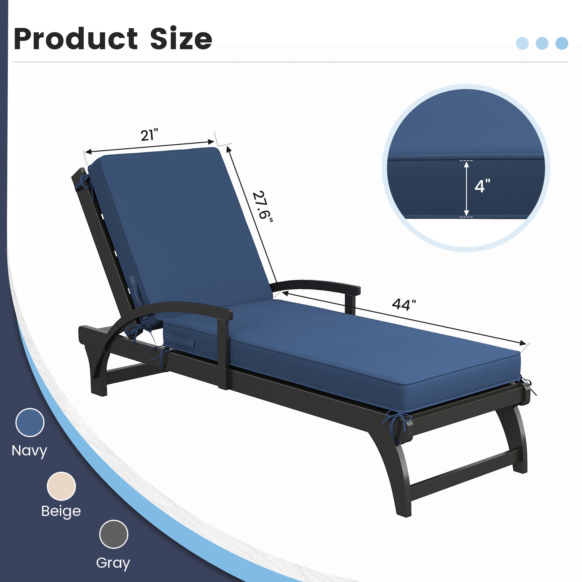 Outdoor Chaise Lounge Cushion Set of 4 , Oversized Thick 4-Inch Foam Cover, Fade-Proof Chair Replacement for Patio, Poolside, Deck Outdoor Furniture - Removable Accessories (Navy,72"x21"x4")