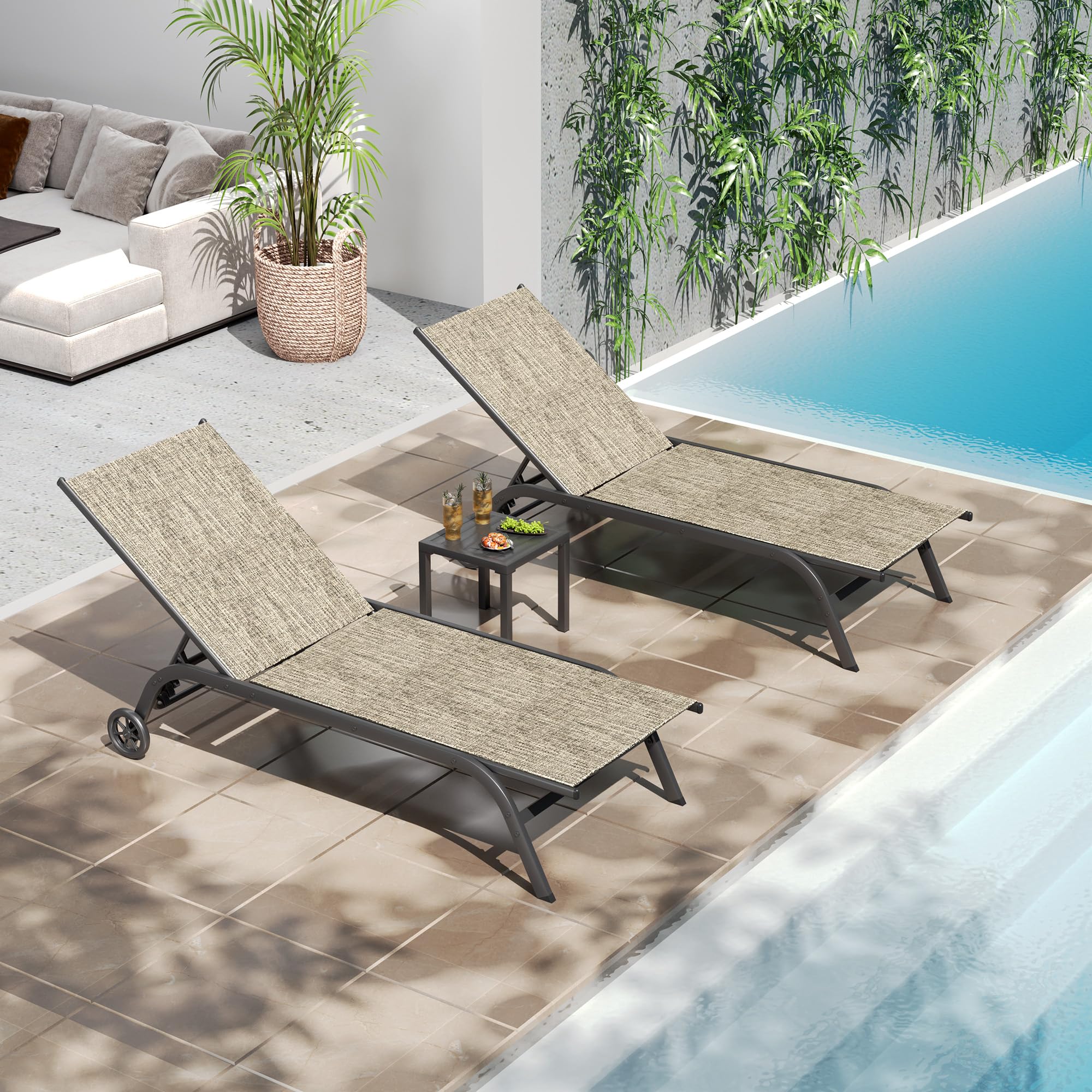 Outdoor Chaise Lounge Set of 3, Aluminum Lounge Patio Chair with Cushion, 5 Adjustable Position Backrest Pool Lounger with Wheels and Side Table for Garden Poolside Lawn Beach(Beige)