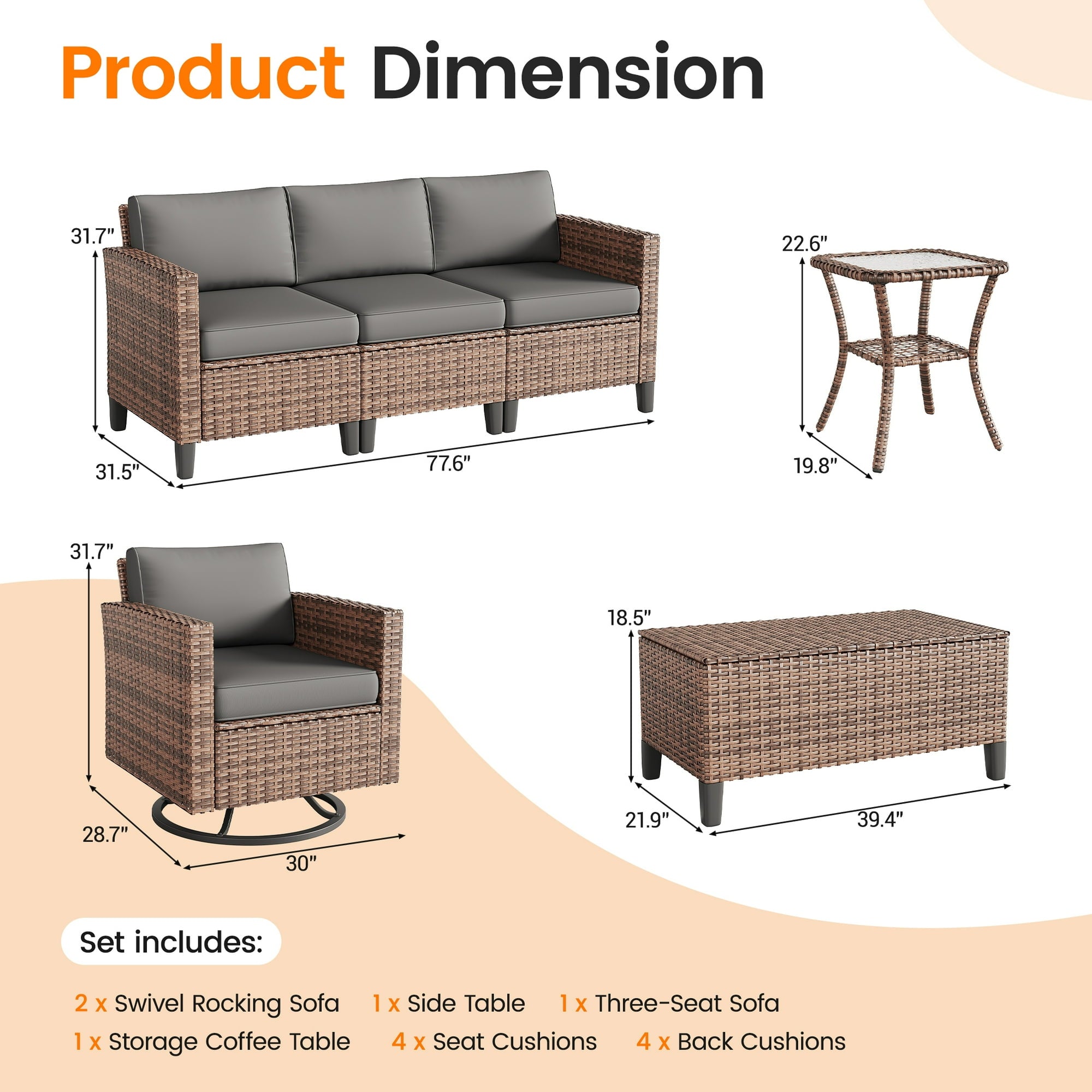 UDPATIO Patio Furniture Set, 7 Pieces Outdoor Furniture Sets with Rocking Swivel Chairs, Wicker Rattan Outdoor Conversation Set with Storage Table and Waterproof Covers for Backyard, Deck, Porch