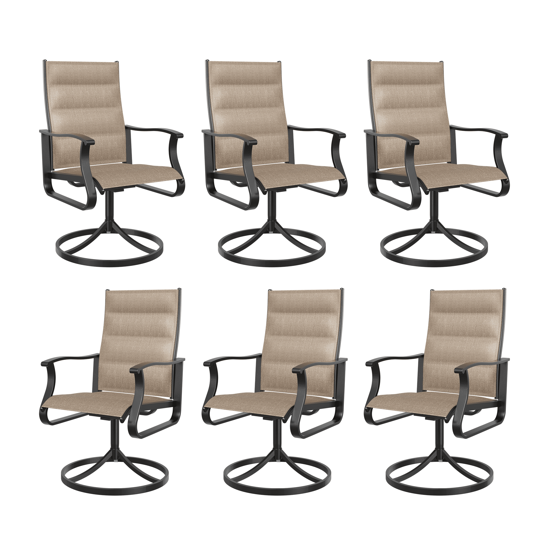 UDPATIO Low Back Swivel Patio Chairs Set of 6, Padded Outdoor Textilene Dining Chairs, All Weather Metal Outside Chair for Lawn Garden Deck, Brown