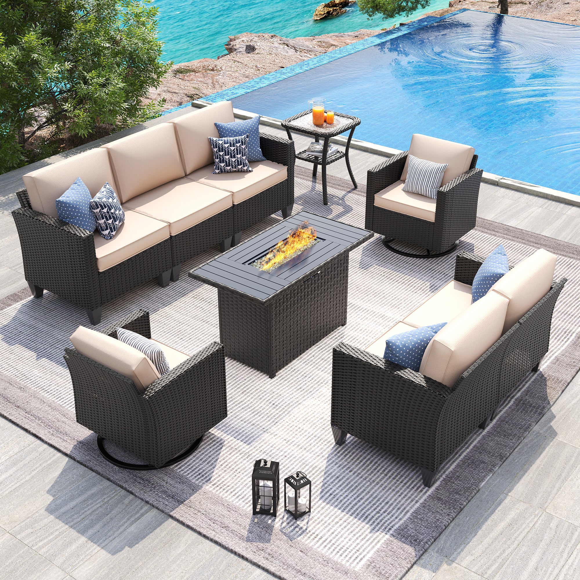UDPATIO Patio Furniture Set with Fire Pit Table and Swivel Rocking Chairs, 6 Pieces Outdoor Wicker Furniture Set with Waterproof Cover, 4'' Thickened Cushion, Khak