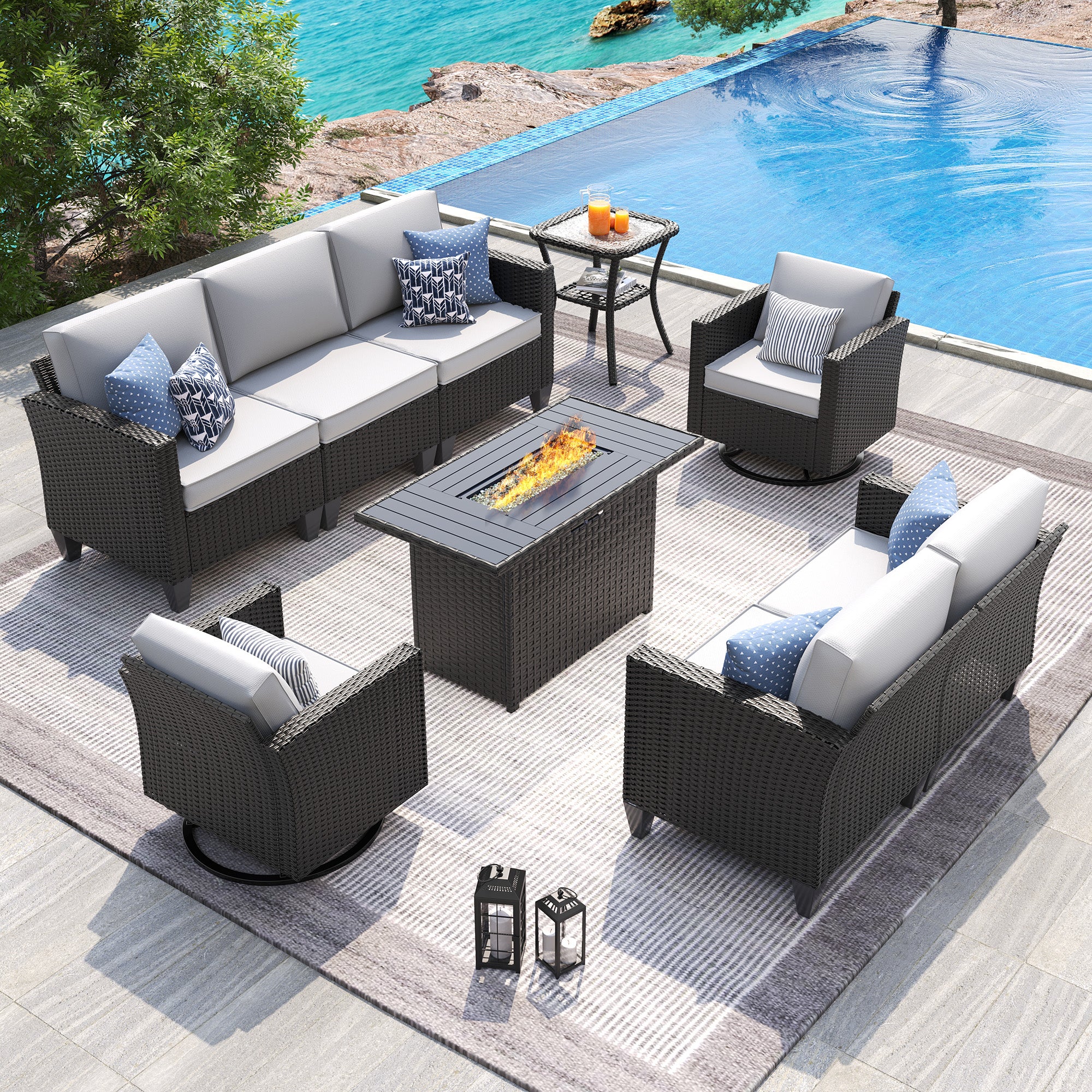 UDPATIO Patio Furniture Set with Fire Pit Table and Swivel Rocking Chairs, 6 Pieces Outdoor Wicker Furniture Set with Waterproof Cover, 4'' Thickened Cushion, Light Grey