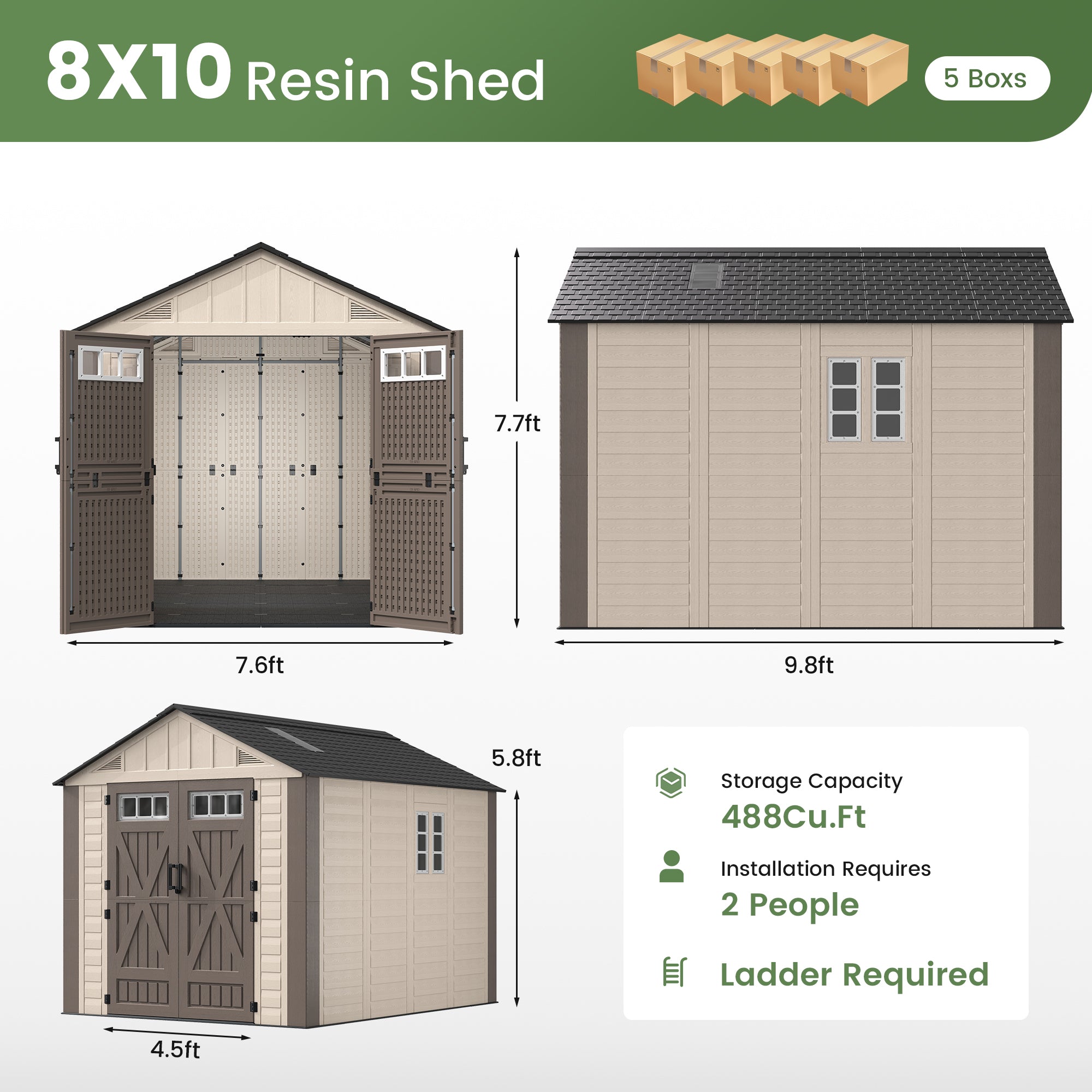 UDPATIO 8x10 FT Outdoor Storage Shed with Floor,Large Resin Garden Shed