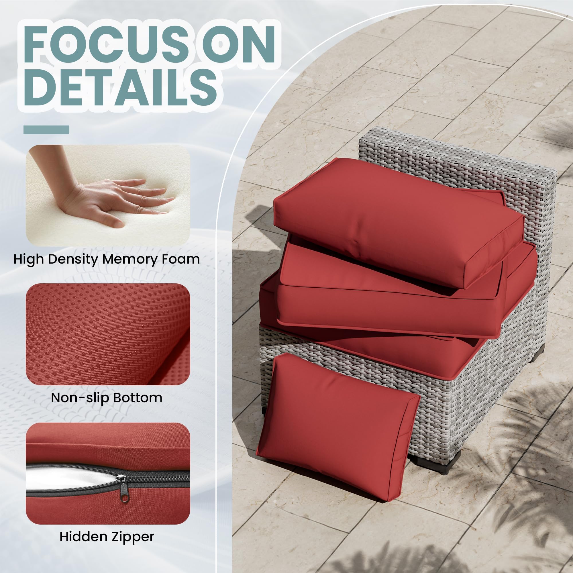 UDPATIO Outdoor Cushions for Patio Furniture with 5 Pillows, Waterproof Patio Furniture Cushions Replacement, 4" Deep Seat Outdoor Sectional Cushion for 4-seat Sofa Couch, Red