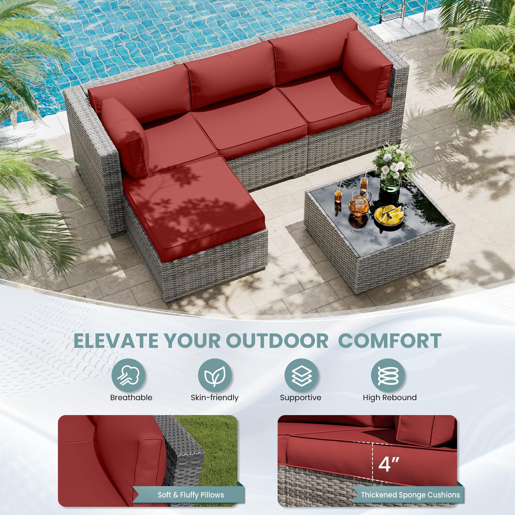 UDPATIO Outdoor Cushions for Patio Furniture with 5 Pillows, Waterproof Patio Furniture Cushions Replacement, 4" Deep Seat Outdoor Sectional Cushion for 4-seat Sofa Couch, Red