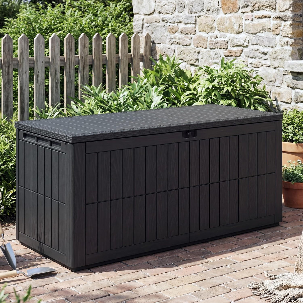 UDPATIO 100 Gallon Deck Box, Outdoor Storage Box Lockable Waterproof Resin, Indoor Outdoor Storage Container for Patio Cushions, Garden Tools, Pool Accessories, Package Delivery Boxes for outside