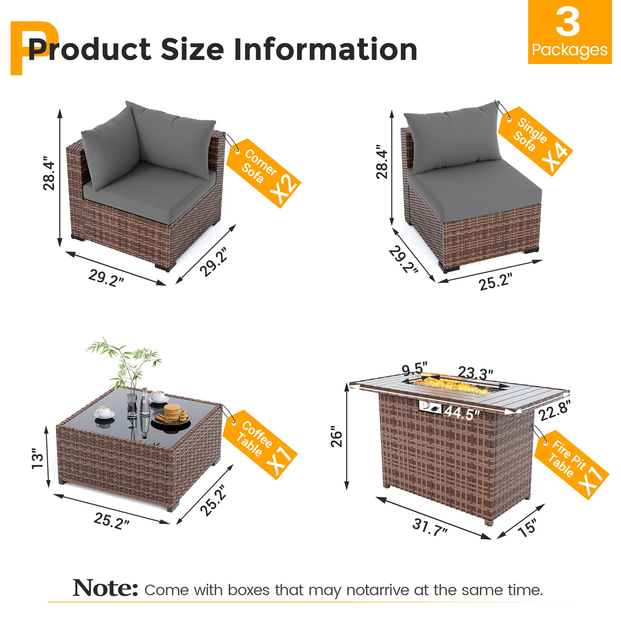 UDPATIO Furniture Set with Fire Pit Table, 8 Piece Sectional Sofas, All-Weather Wicker Conversation for Garden, Backyard, Dark Grey