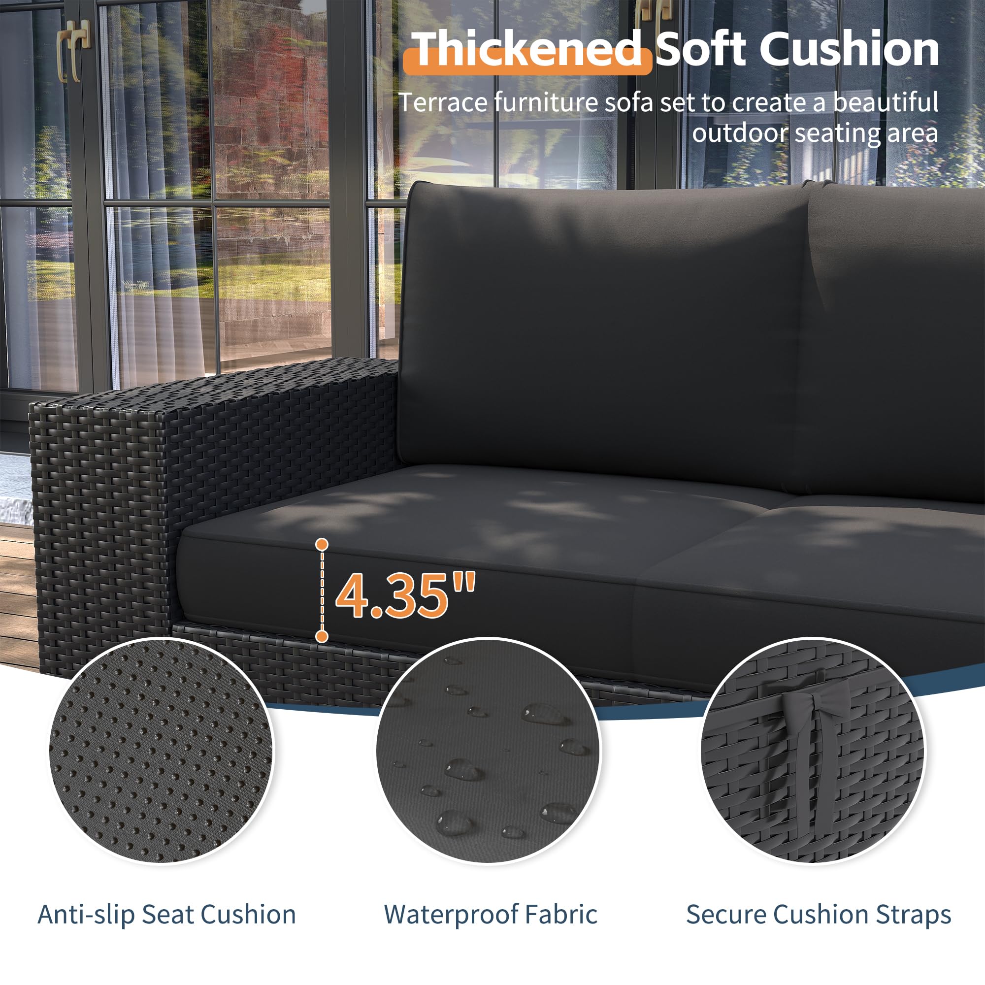 UDPATIO 6 Piece Patio Furniture Set, Outdoor Wicker Sectional Sofa with 8'' Wide Armrests, Modular Patio Conversation Set with Coffee Table for Backyard, Deck, Garden