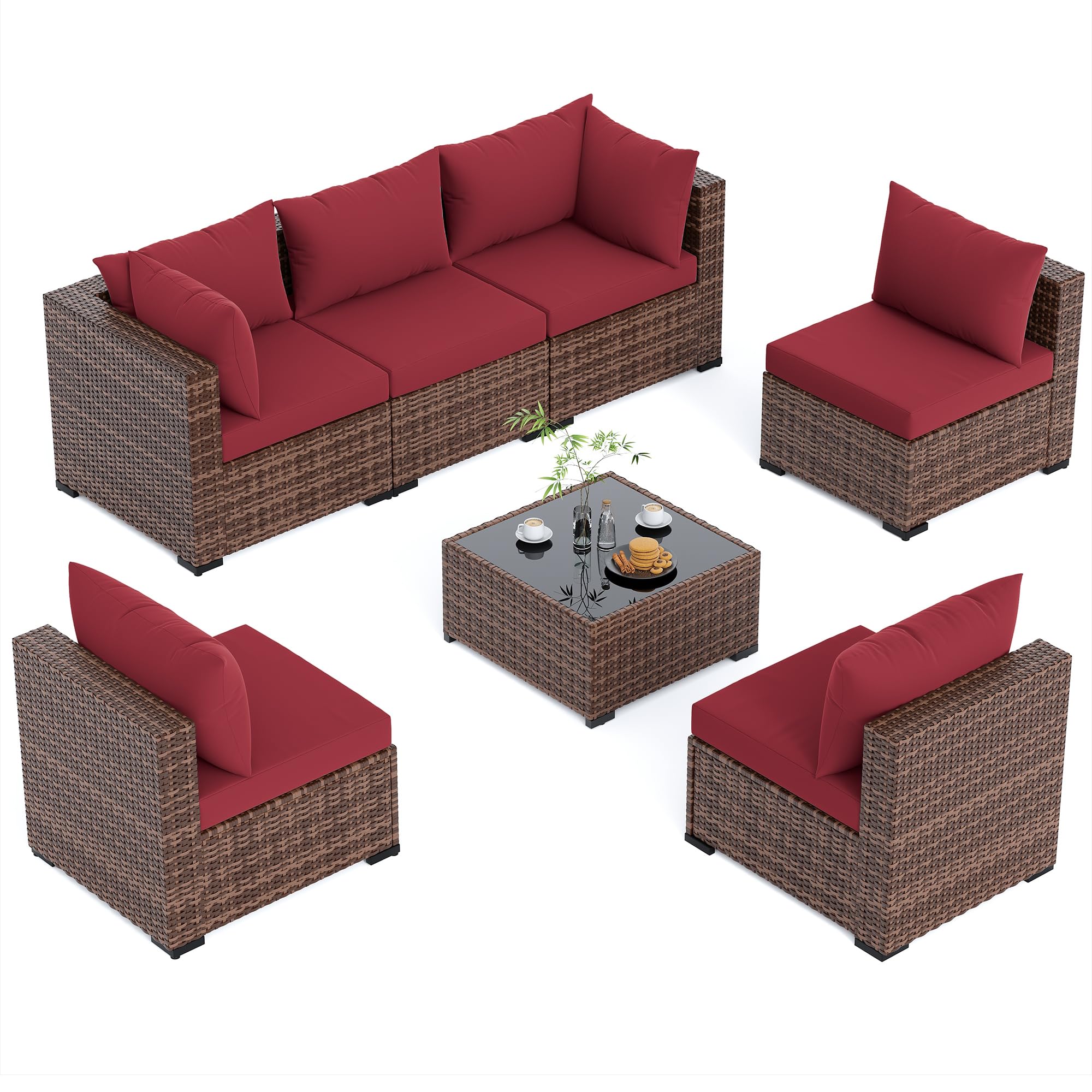 UDPATIO Patio Furniture Set, 7 Piece Outdoor Sectional Sofas with Wicker Coffee Table, Outdoor Patio Conversation Set for Garden, Backyard Wine