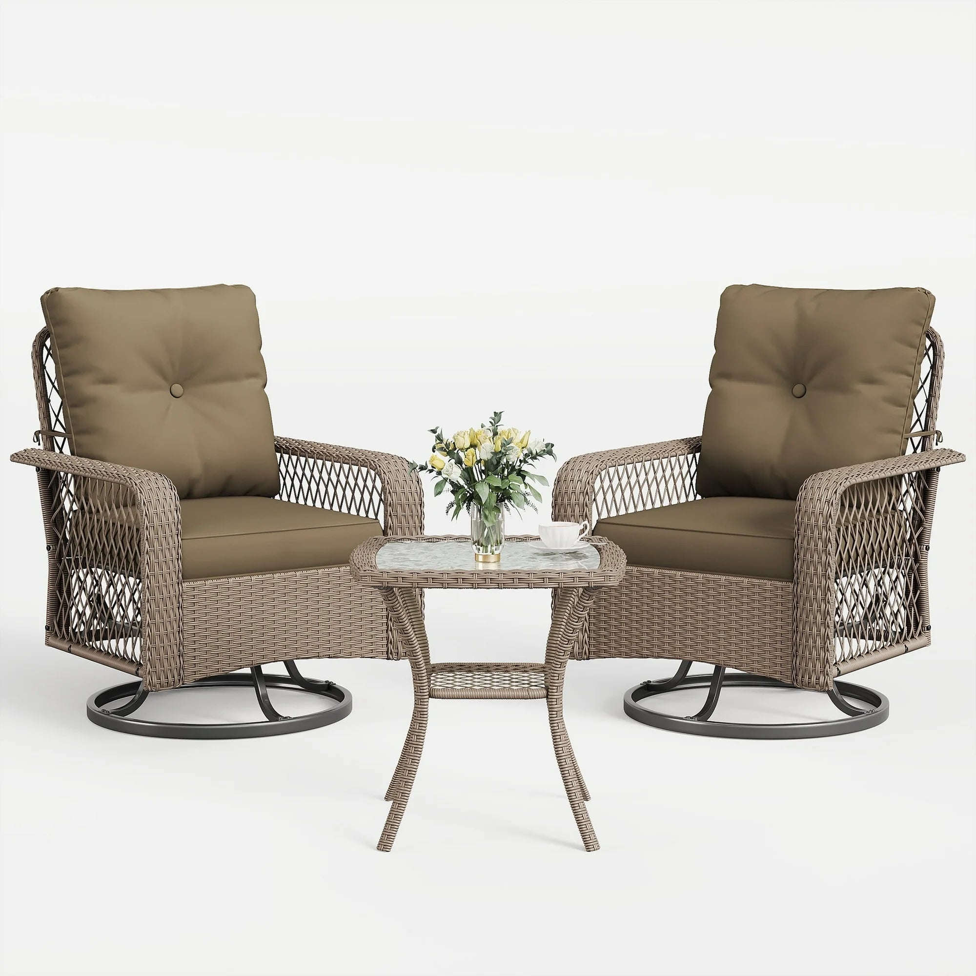 UDPATIO 3 Pieces Patio Furniture Set, Outdoor Swivel Gliders Rocker, Wicker Patio Bistro Set with Rattan Rocking Chair, Glass Top Side Table and Thickened Cushions (Brown coffee)