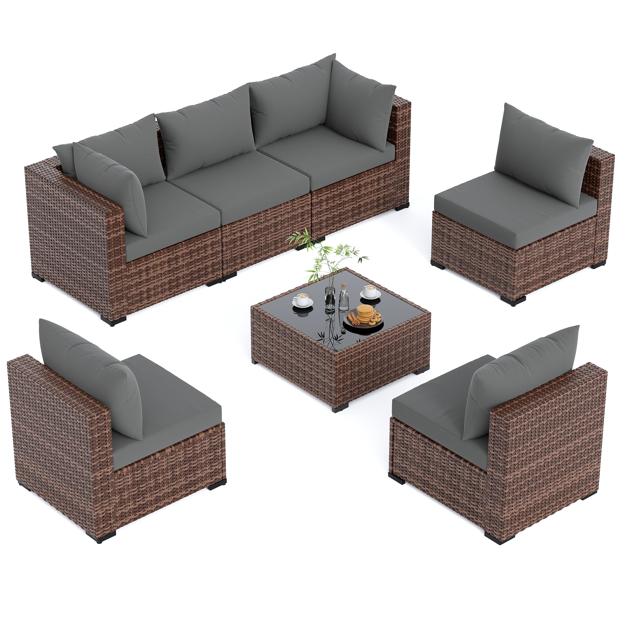 UDPATIO Furniture Set, 7 Piece Sectional Sofas with Wicker Coffee Table, Conversation for Garden, Backyard, Dark Grey