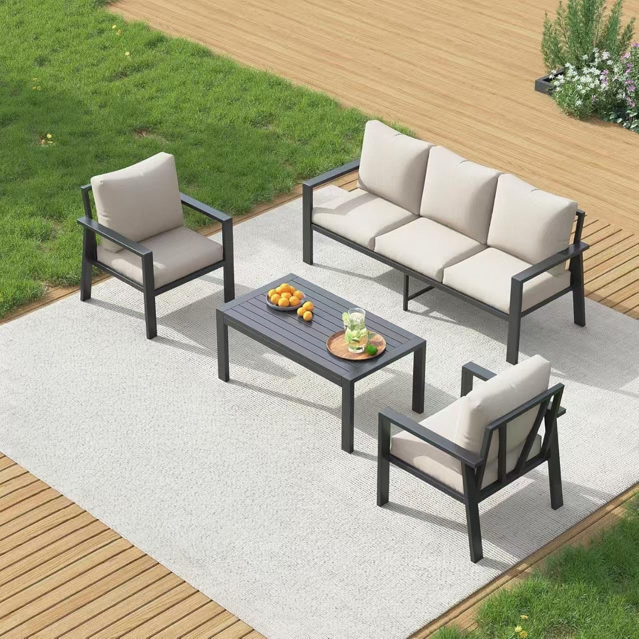 Aluminum Patio Furniture Set Outdoor, Sectional Metal 4 Pieces Conversation Sofa Seating Set with Coffee Table for Garden Backyard, Beige