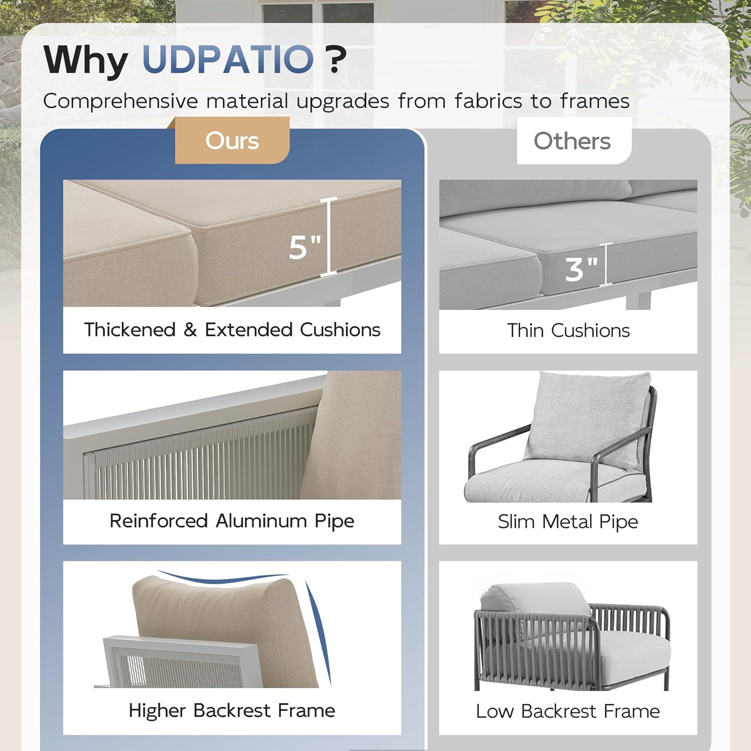 UDPATIO Aluminum Outdoor Patio Furniture Set with Ottoman, 5 Piece Modern Patio Furniture Set, PE Rope Patio Conversation Sets with Thickend Cushions, for Garden, Porch, Balcony, Light Grey/Beige