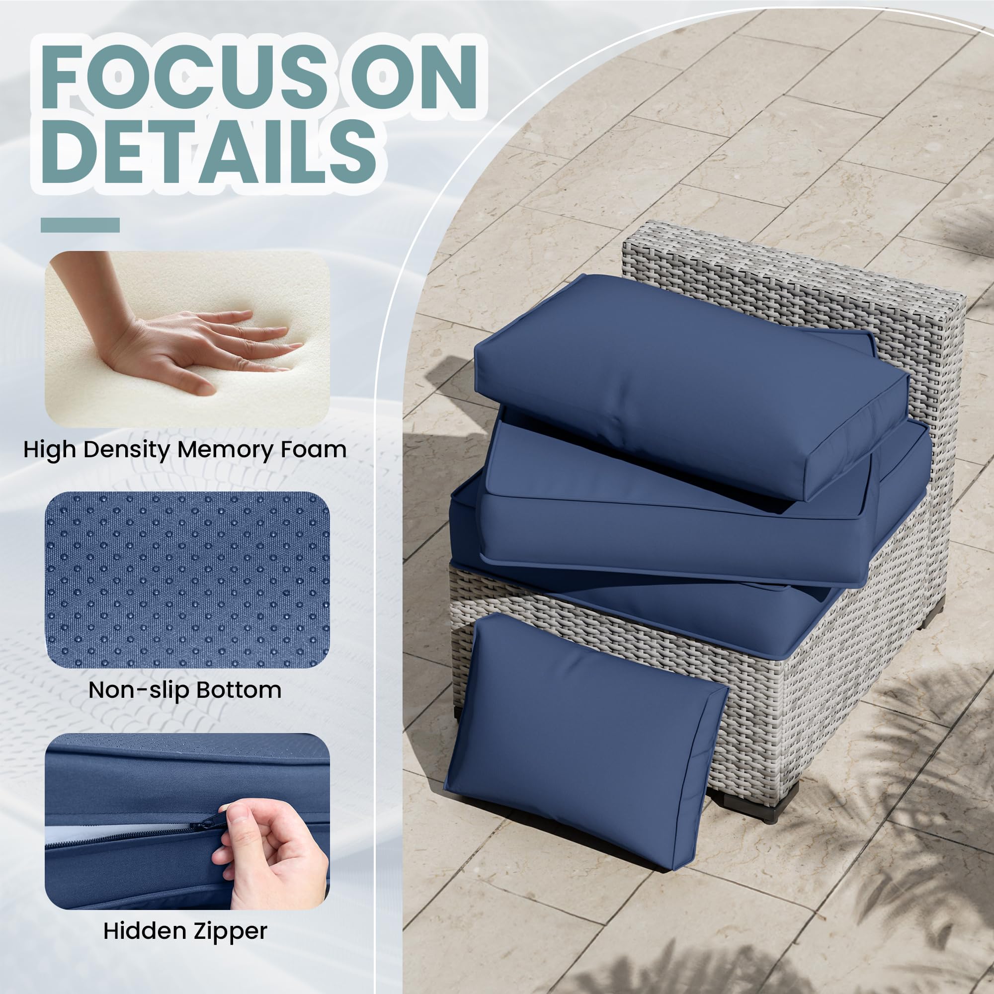 UDPATIO Outdoor Cushions for Patio Furniture with 5 Pillows, Waterproof Patio Furniture Cushions Replacement, 4" Deep Seat Outdoor Sectional Cushion for 4-seat Chair Sofa Couch, Navy