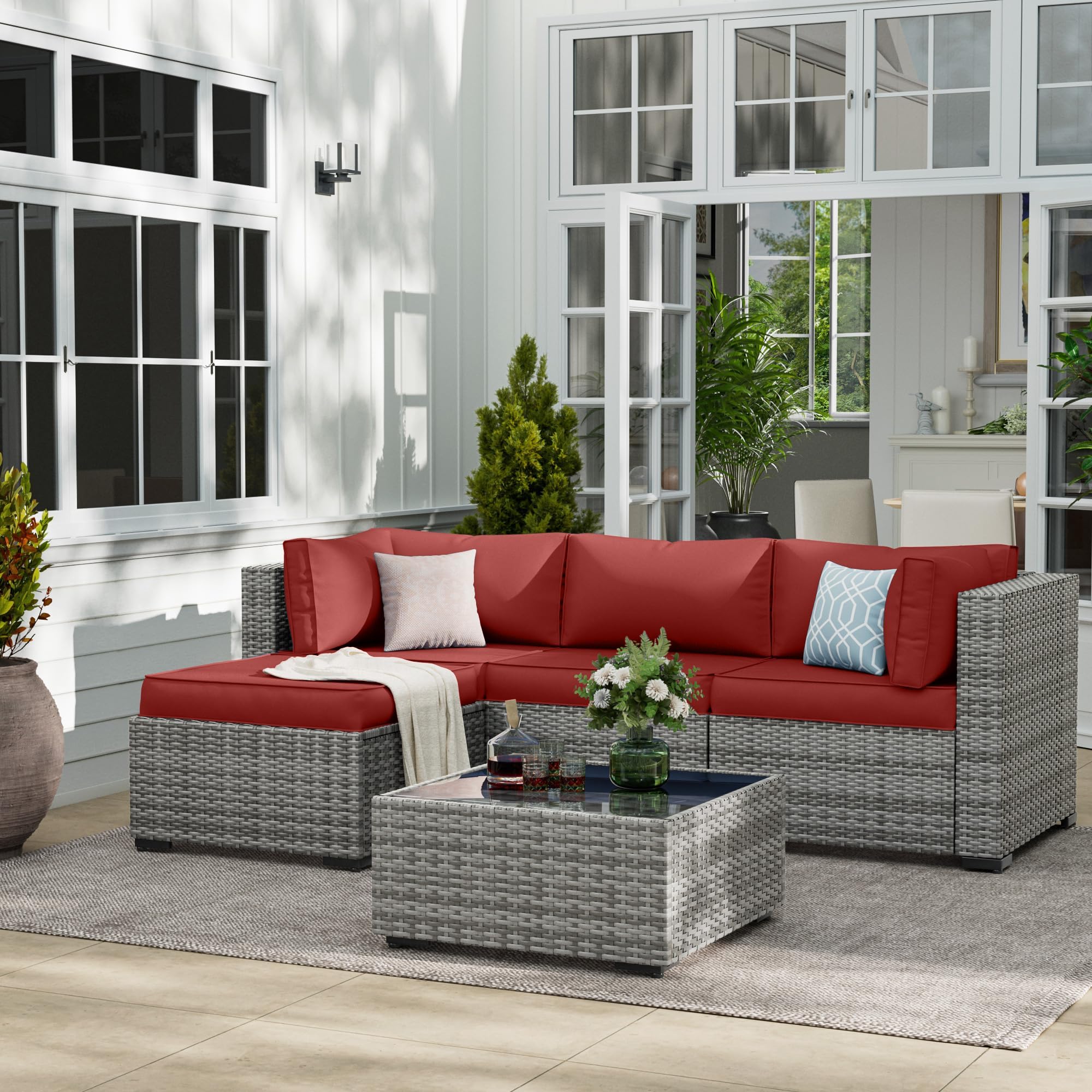 UDPATIO Outdoor Cushions for Patio Furniture with 5 Pillows, Waterproof Patio Furniture Cushions Replacement, 4" Deep Seat Outdoor Sectional Cushion for 4-seat Sofa Couch, Red