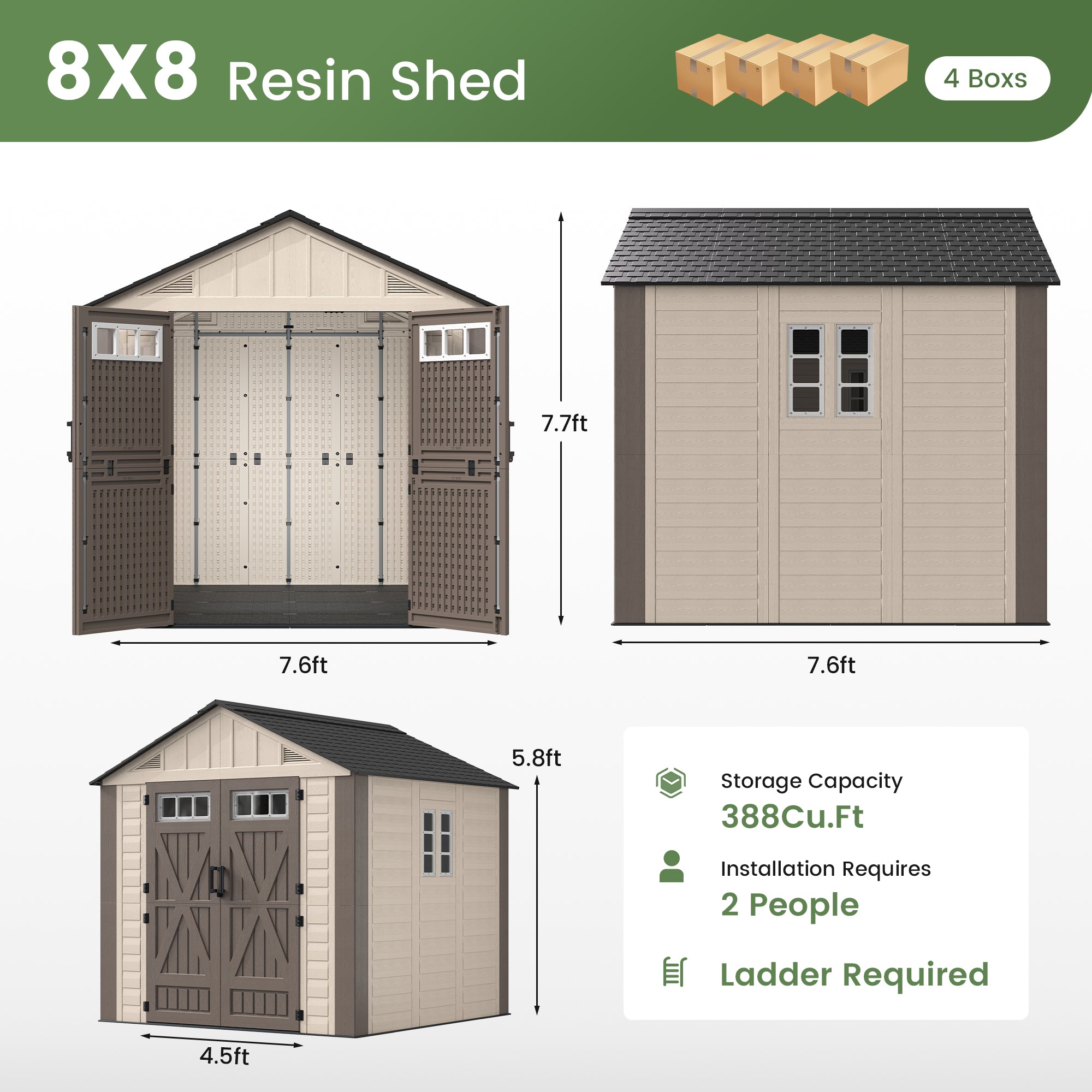 UDPATIO Resin Storage Shed 8x8 FT,Outdoor Shed with Floor,Plastic Sheds