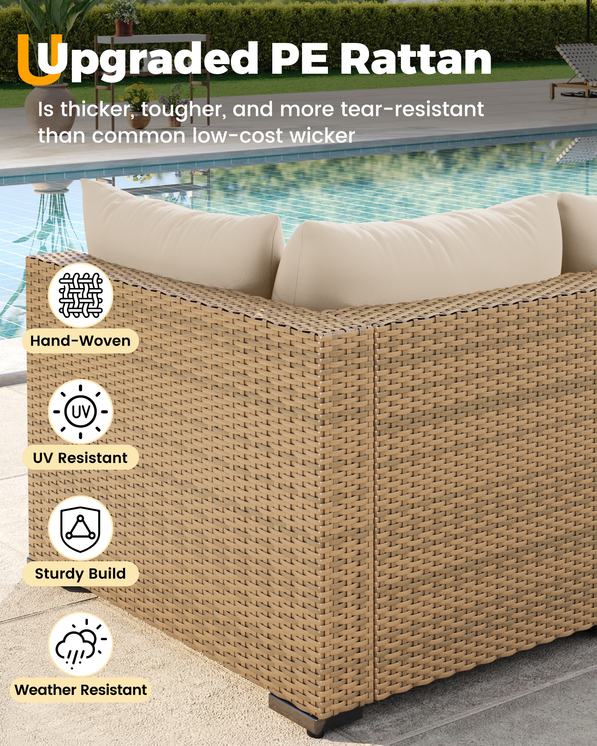 UDPATIO Furniture Set, 7 Piece Sectional Sofas with Wicker Coffee Table, Conversation for Garden, Backyard, Beige