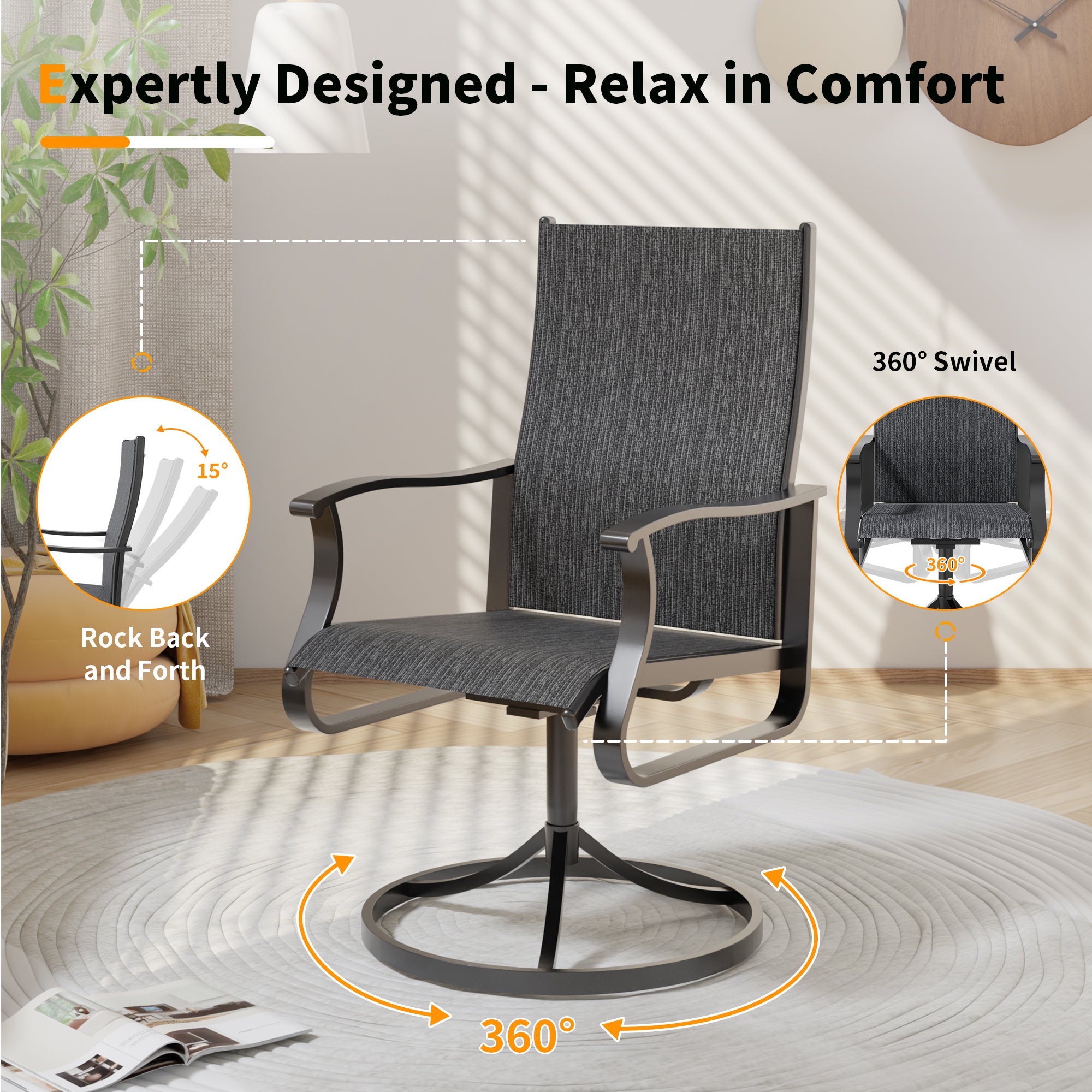 UDPATIO Swivel Patio Chairs Set of 2, Outdoor Swivel Rocker Patio Chairs with High Back, All Weather Textilene & Metal Frame for Backyard, Lawn, Porch, Pooside or Garden, Dark Grey