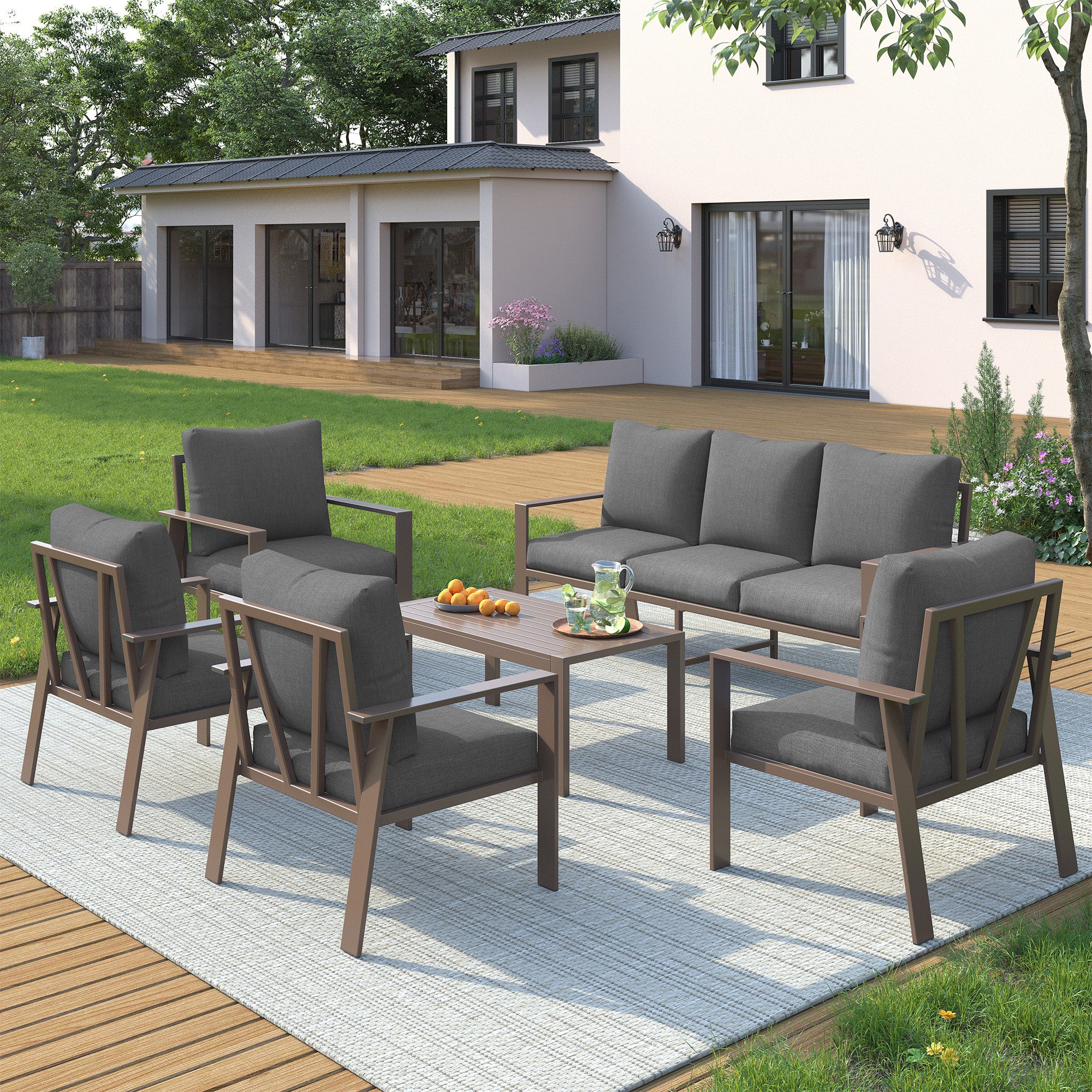 UDPATIO 5 Pieces Aluminum Patio Furniture Set, 7-Seat Metal Outdoor Furniture Set with 4" Water-Resistant Cushion & Coffee Table,  Patio Conversation Sets for Porch, Deck, Garden