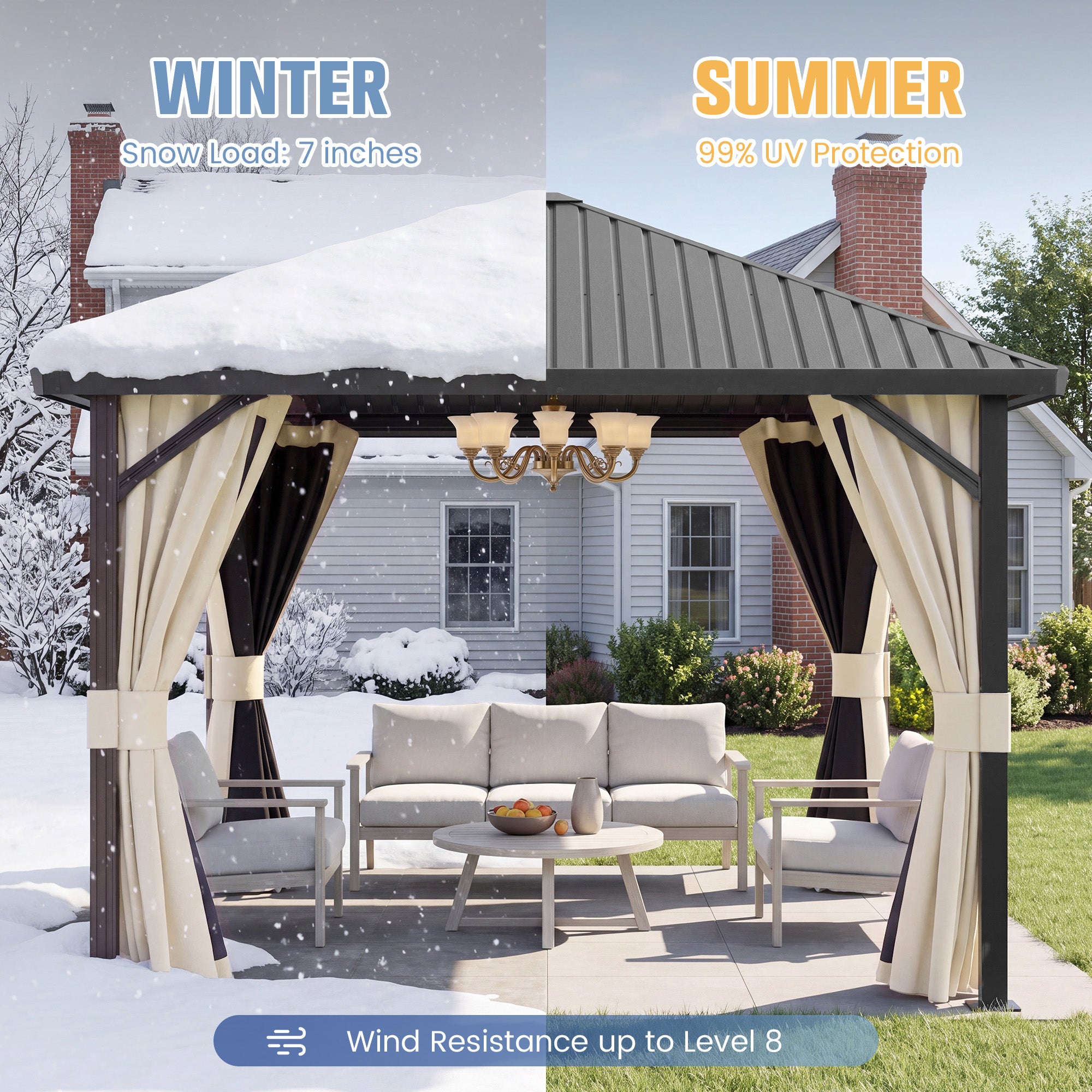 DPATIO 10'x10' Hardtop Gazebo, Metal Gazebos with Mosquito Netting, Beige